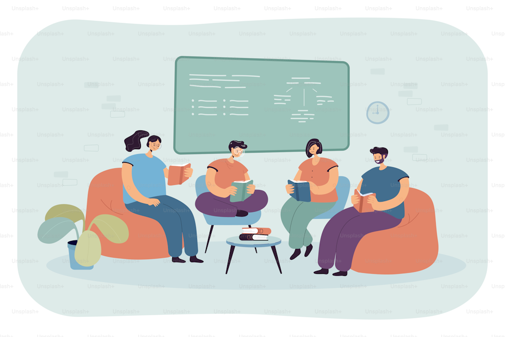 Students of college or university reading books in classroom. Group of people sitting together in chairs at class board with information flat vector illustration. Club of readers, education concept