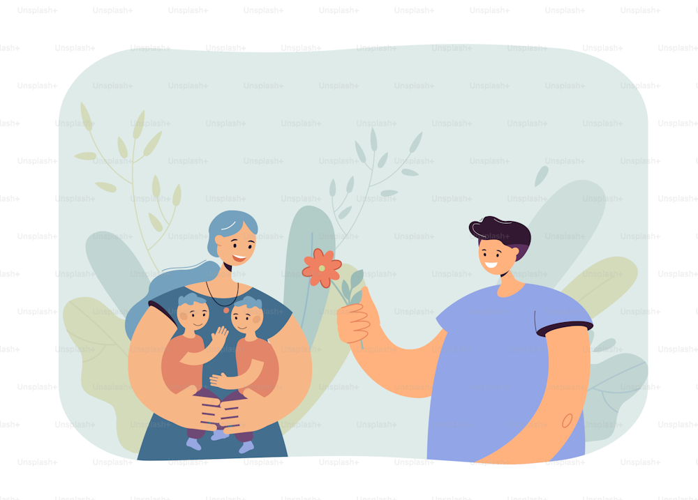 Husband giving flower to wife holding two kids. Father and mother with little sons, birthday or anniversary flat vector illustration. Family, love, romance concept for banner or landing web page