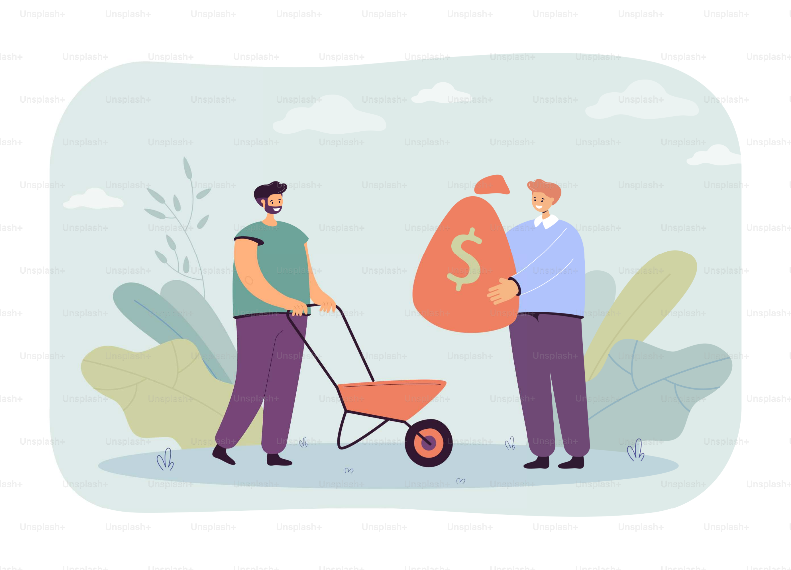 Personaje masculino de dibujos animados invirtiendo en la agricultura. Hombre poniendo un gran saco de dinero en ilustración vectorial plana para carretilla. Finanzas, inversión, trabajo en equipo, concepto agrícola para banner o landing page