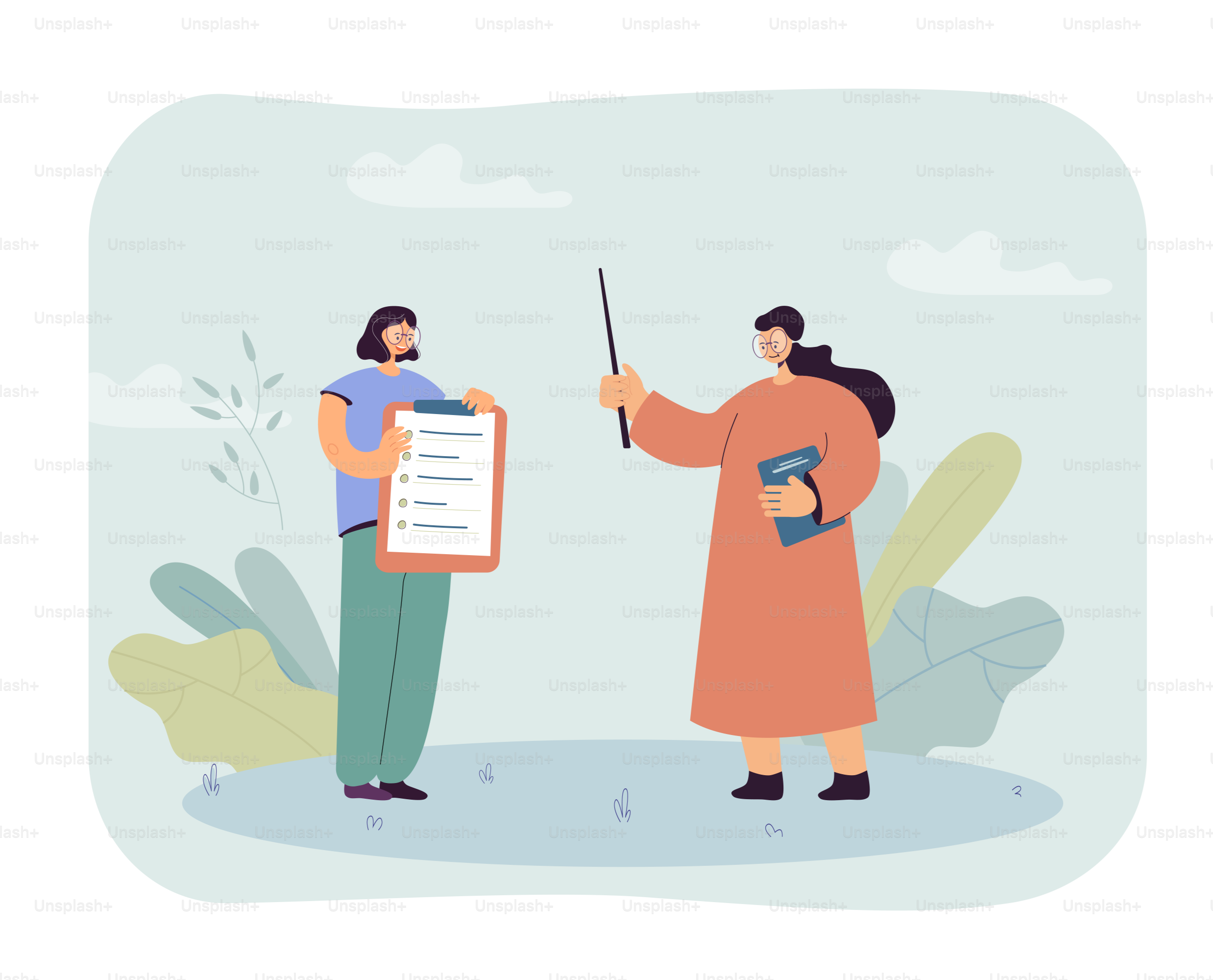 Teacher next to student holding clipboard with checklist. Professor checking exam or test flat vector illustration. Education, school, university concept for banner, website design or landing web page