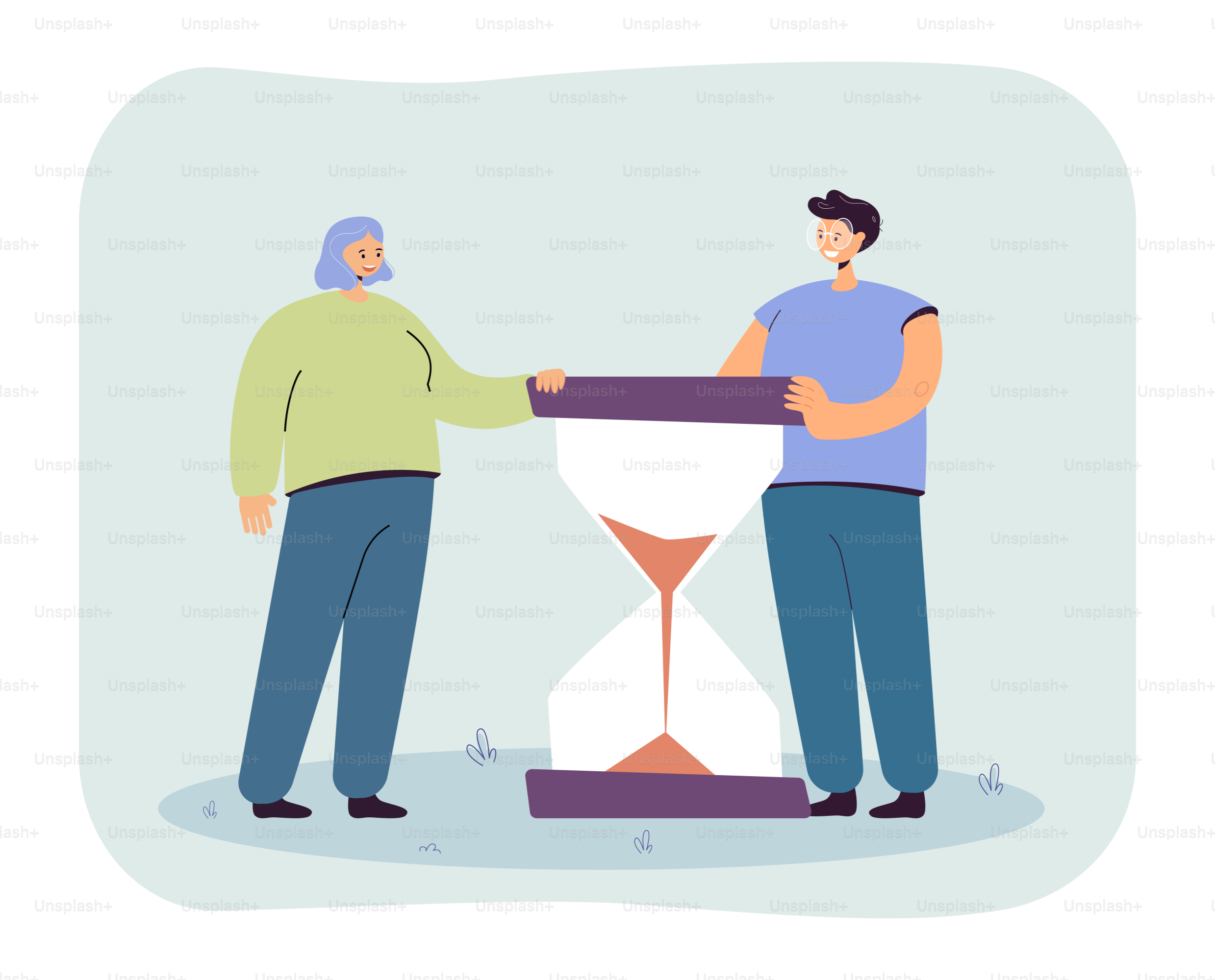 Hombre joven y anciana con enorme reloj de arena. Hijo y madre adultos de pie juntos ilustración de vector plano. Edad, tiempo, familia, concepto de comunicación para banner, diseño de sitio web o página de destino