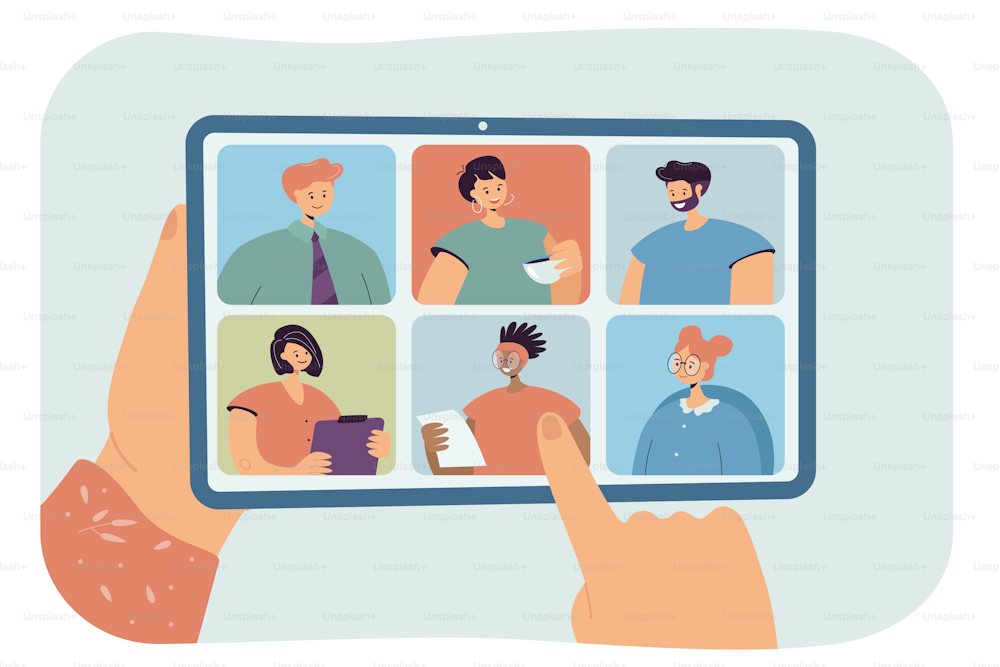 Hands holding tablet with group video call on screen. Friends or colleagues having virtual conference, workplace community flat vector illustration. Communication, teamwork, technology concept