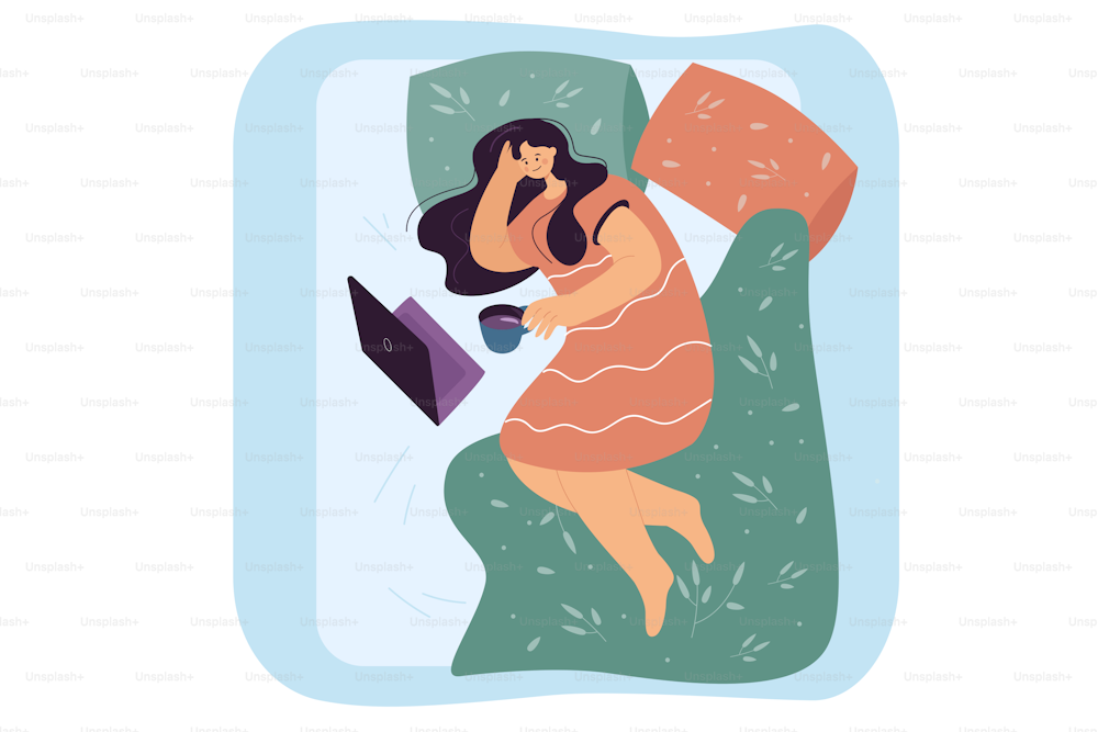 Woman drinking coffee and doing work at home using laptop. Girl wearing casual clothes having rest with notebook in cozy bedroom flat vector illustration. Relax, Sunday, life routine concept