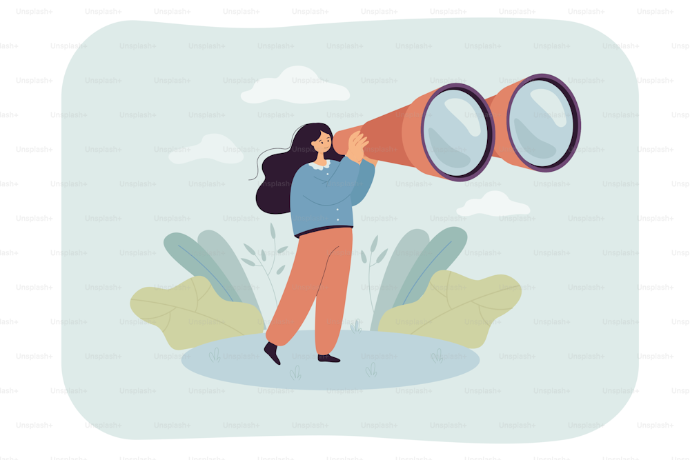 Tourist woman looking through big binocular device far ahead. Tiny female person travelling with field glasses flat vector illustration. Information search, travelling concept