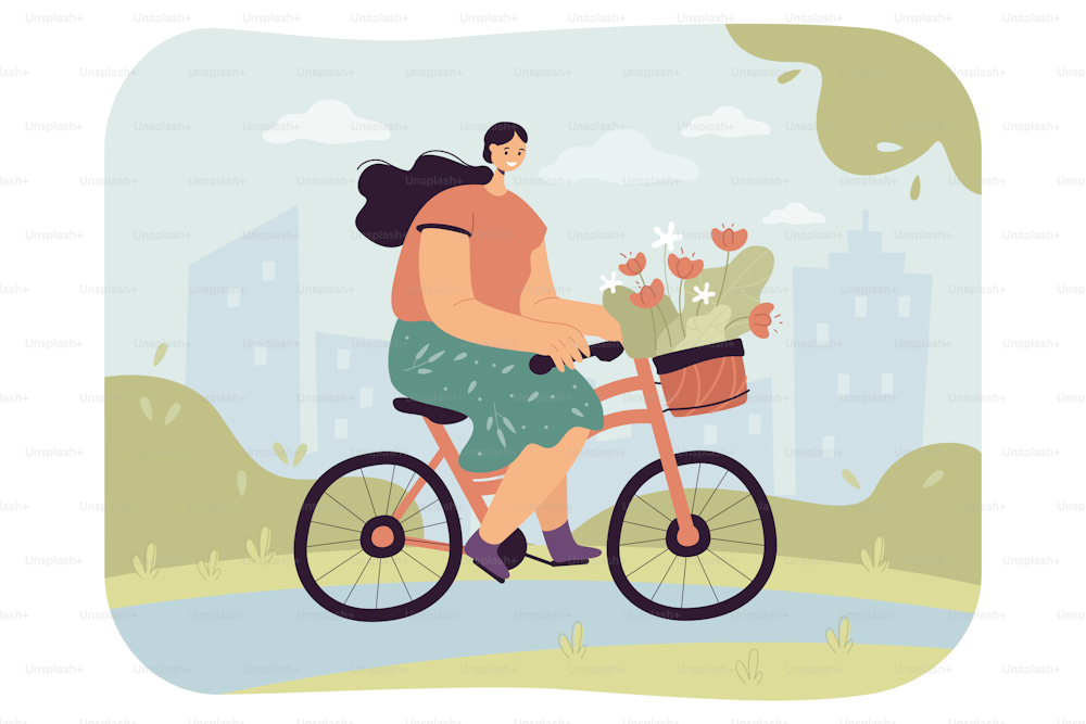 Happy young woman riding bike with bouquet of flowers in basket. Cute girl on bicycle trendy flat vector illustration. Outdoor activity, healthy lifestyle concept for banner or landing web page
