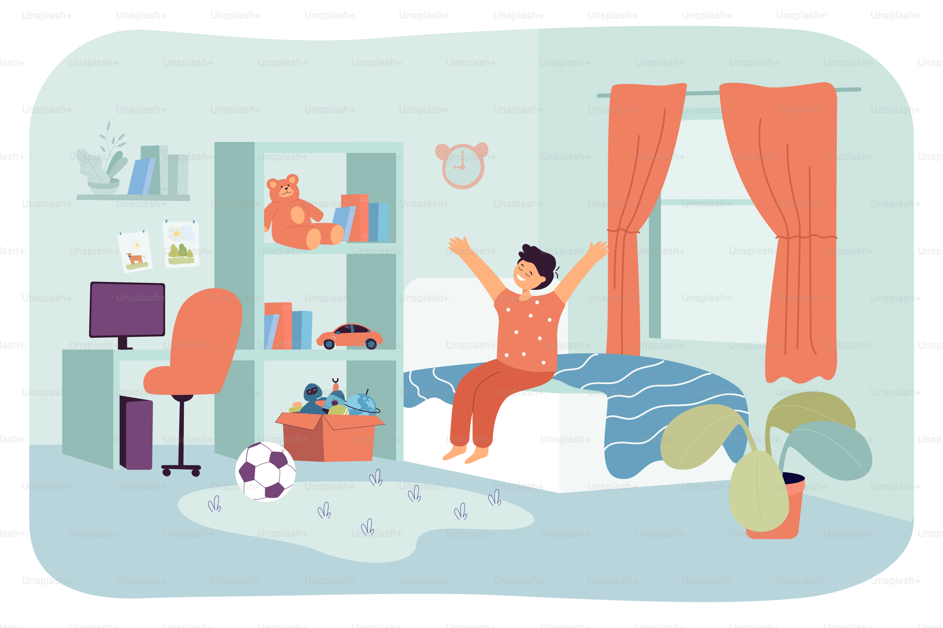 Bambino piccolo che si sveglia alla luce del sole del mattino nella camera  da letto di casa. Bambino felice in pigiama seduto sul letto, ragazzo che si  stiracchia dopo essersi svegliato con, image size:3000x2000