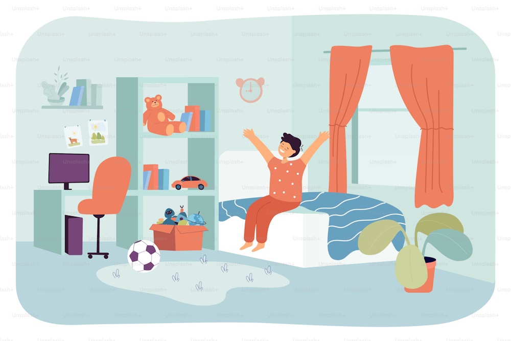 Little kid waking up in morning sunlight in home bedroom. Happy child in pajamas sitting on bed, boy stretching after waking up with yawn flat vector illustration. Daily routine, childhood concept