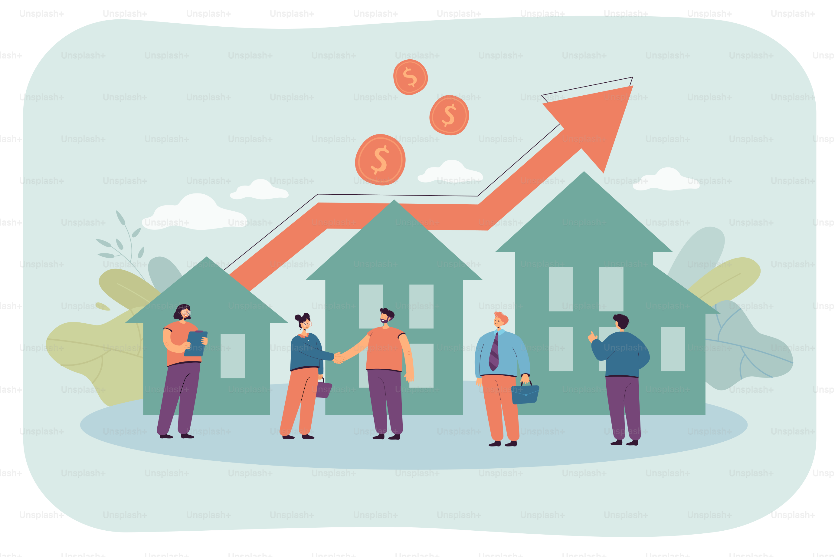 Sale or rent of real estate between agent and client. People investing in buying houses due to rising cost of real estate flat vector illustration. Property investment, growth of market concept