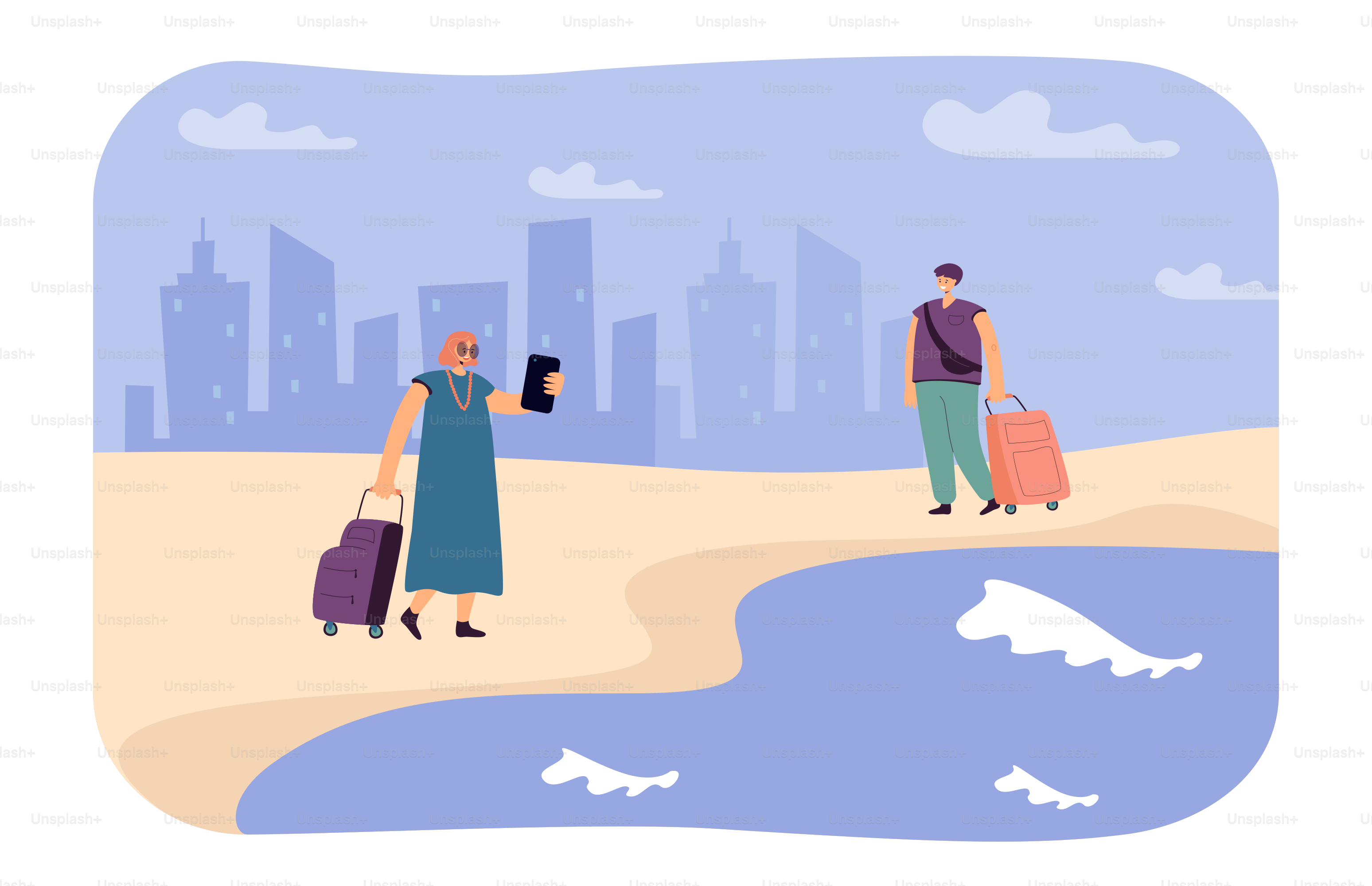 Tourists with suitcases walking on sea or ocean beach. Happy people in holiday travel flat vector illustration. Tourism, summer vacation concept for banner, website design or landing web page