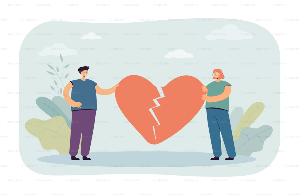 Couple of tiny people connecting pieces of broken heart. Happy man and woman repairing relationship flat vector illustration. Reunion, love concept for banner, website design or landing web page