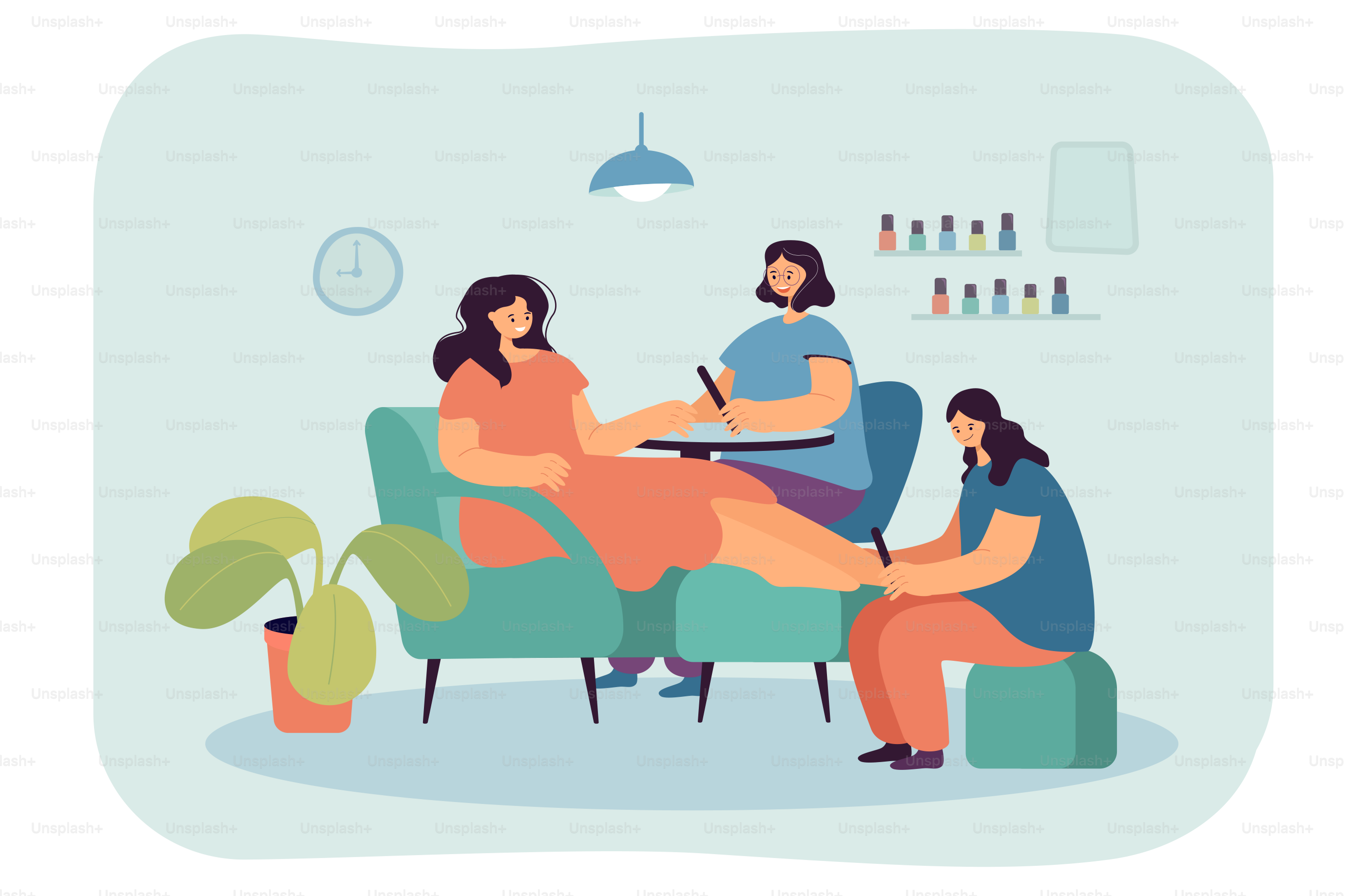 Manicure and pedicure for female client in spa salon. Nail technician making hygiene procedures for lady sitting at table of parlor interior flat vector illustration. Beauty treatment service concept