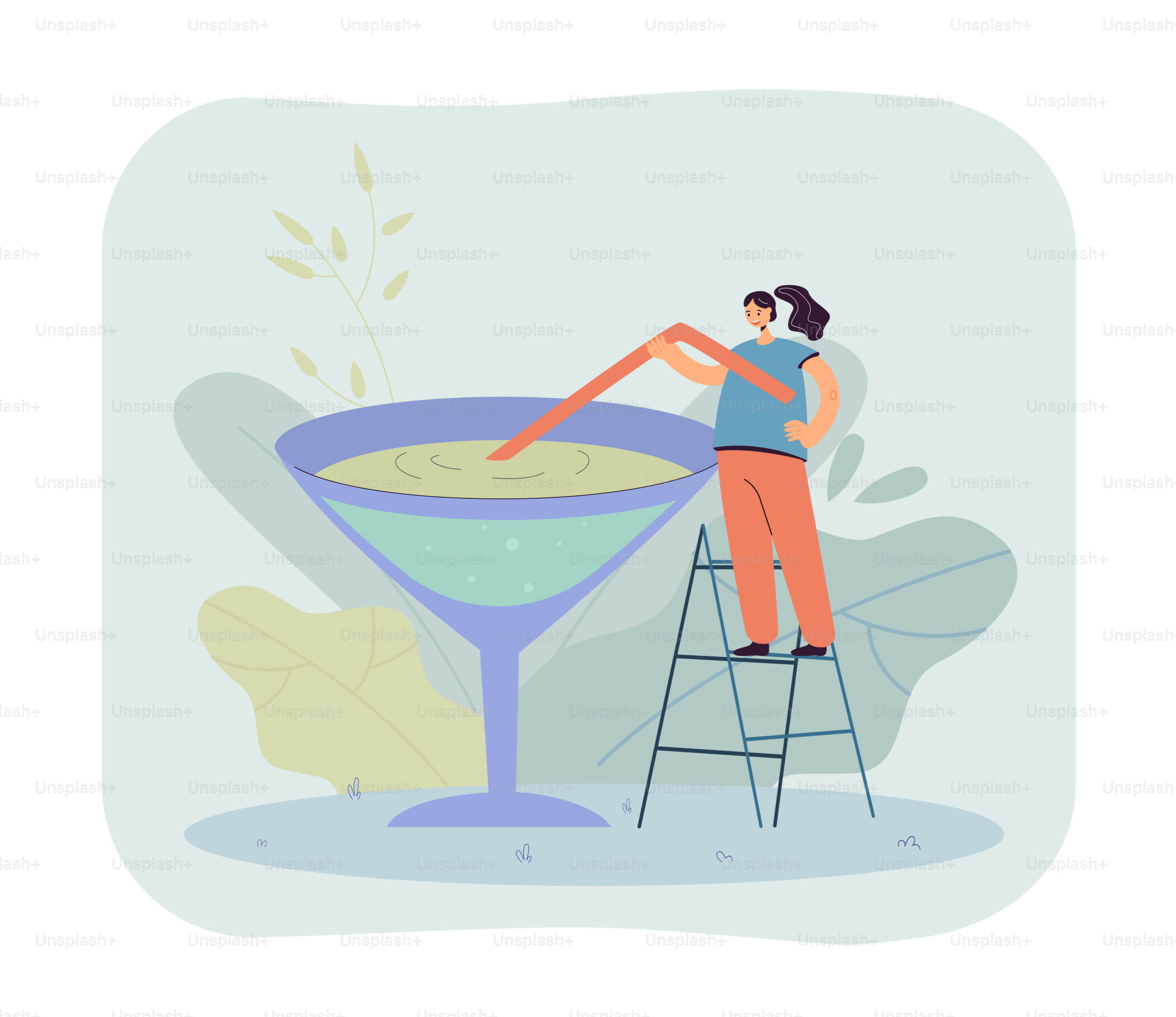 Donna che beve cocktail alcolici da vetro. Piccola signora in piedi sulla scala, che tiene in mano un'illustrazione vettoriale piatta con paglia. Rilassamento serale in un bar o club per banner, design web o landing page
