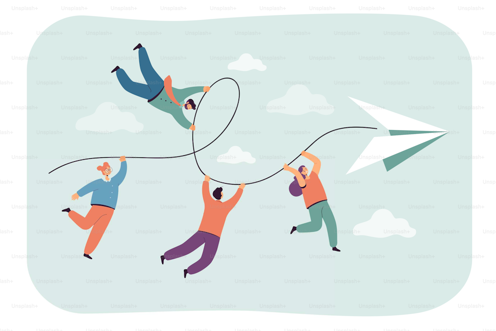 Team of people traveling on paper plane, hanging by thread. Journey of male and female tiny characters flying in air into future flat vector illustration. Business challenge, achievement concept