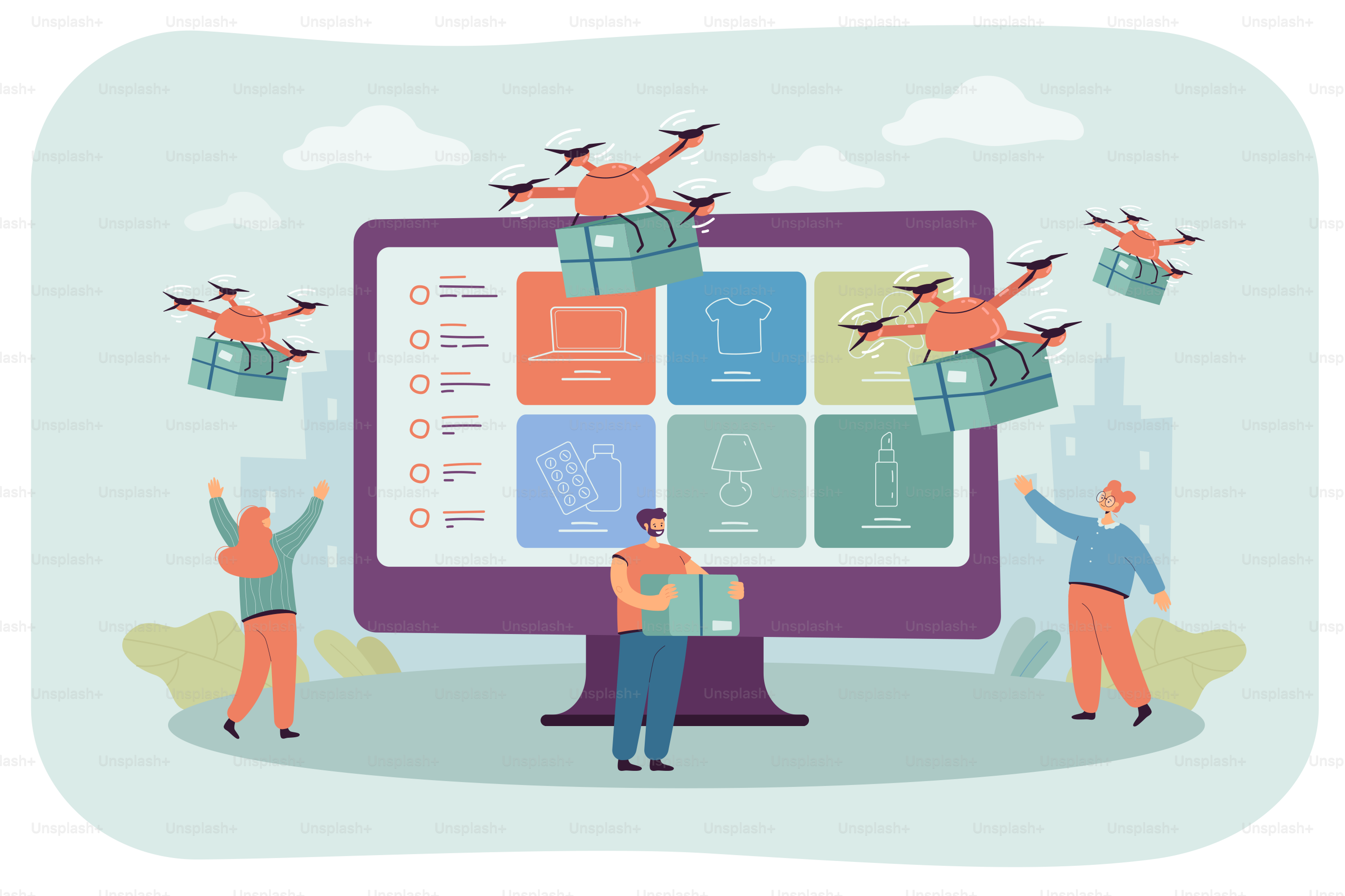 Professional drones delivering purchases to cartoon customers. City people with huge monitor flat vector illustration. Delivery, ecommerce, digital marketing, sale concept for banner or website design