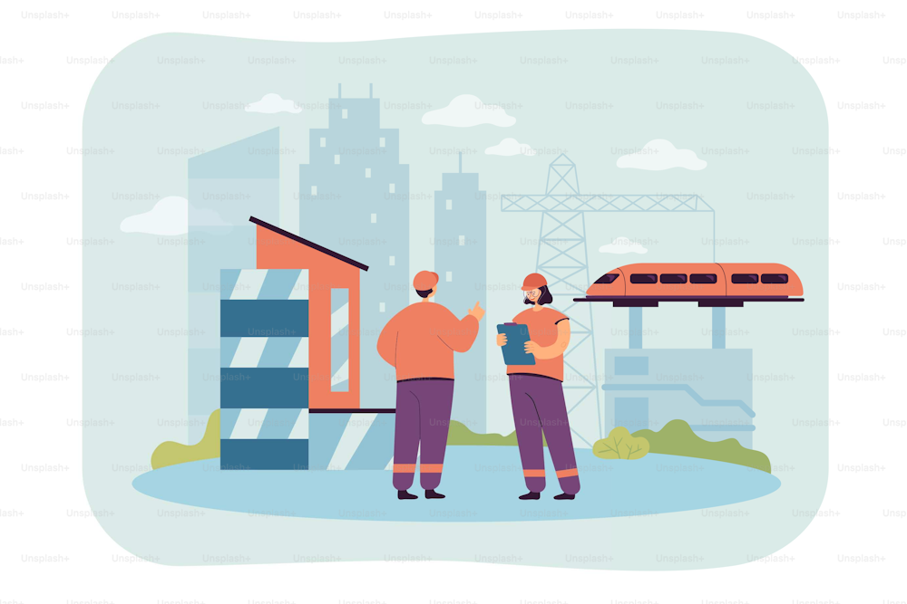 Cartoon engineers working on railway construction. Building railroad, industrial management flat vector illustration. Civil infrastructure or engineering, industry concept for banner, website design