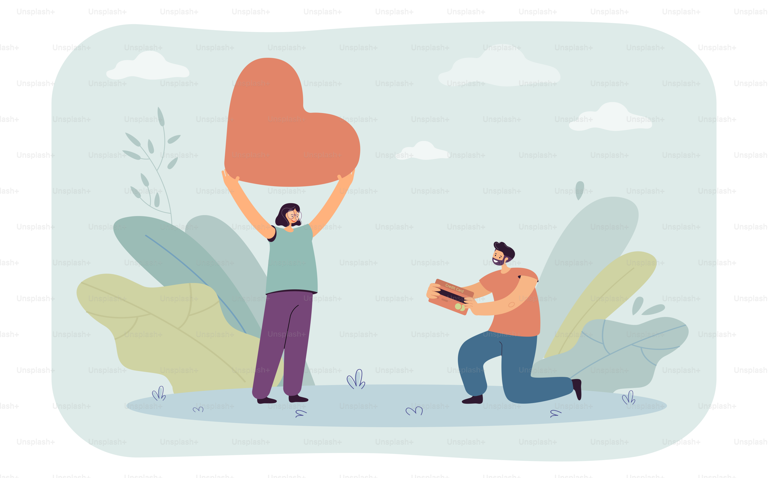 Man proposing to woman. Tiny male character on knee giving credit card to girl with giant heart flat vector illustration. Marriage proposal concept for banner, website design or landing web page
