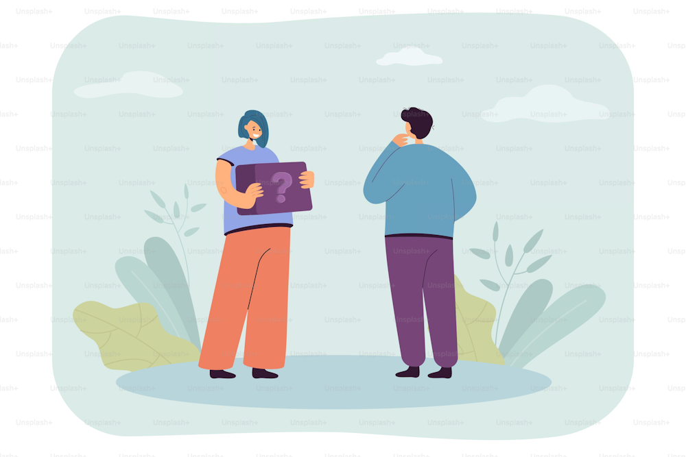 Woman asking question to man. Tiny curious female person holding box with question mark flat vector illustration. FAQ, search for information concept for banner, website design or landing web page