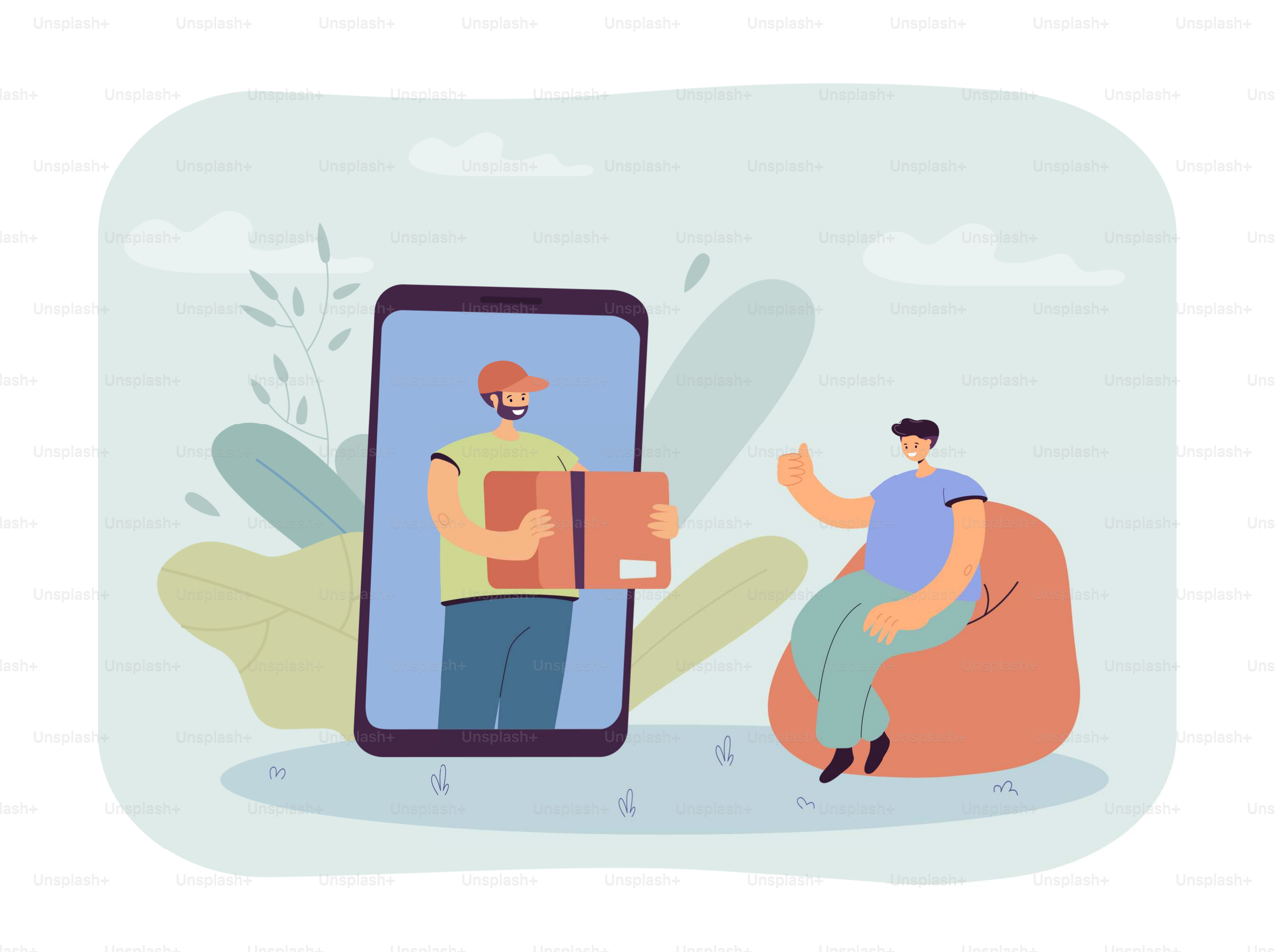 Hombre ordenando paquete en línea a través del teléfono móvil. Pequeño mensajero masculino que entrega la caja del paquete a la ilustración vectorial plana de inicio. Concepto de servicio de entrega rápida para banner, diseño de sitios web o página web de destino