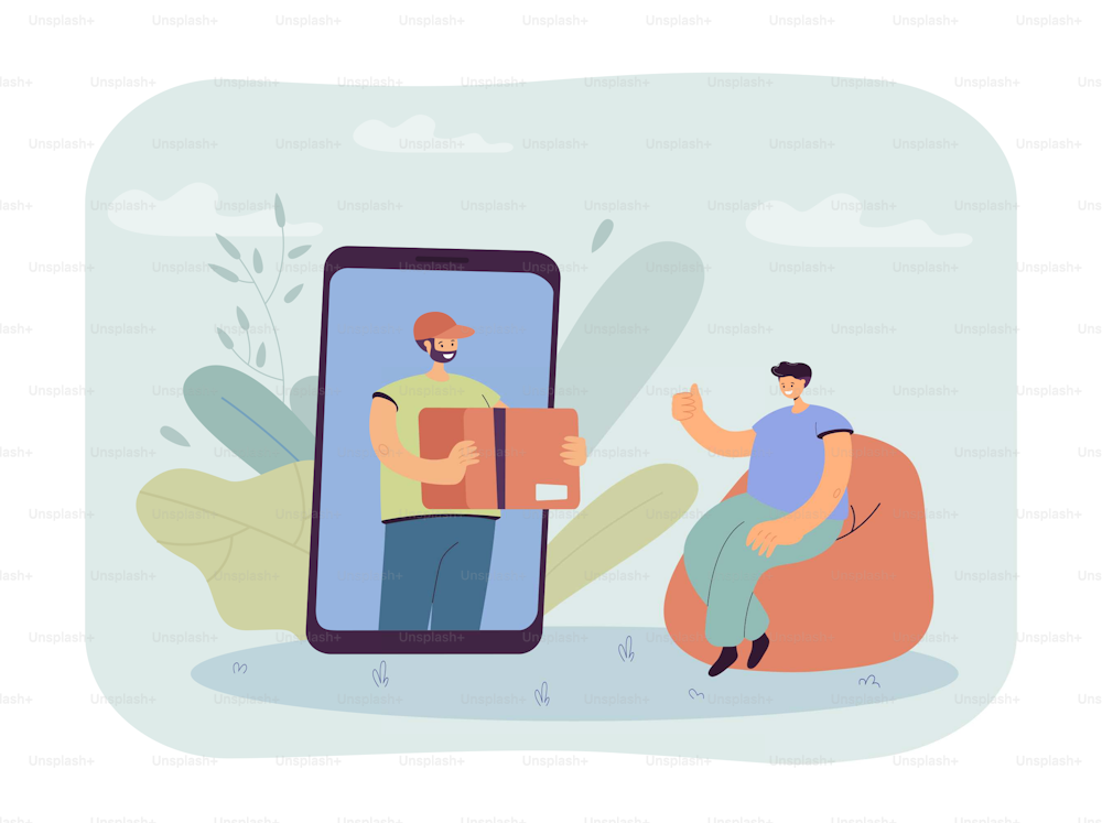 Man ordering parcel online via mobile phone. Tiny male courier delivering package box to home flat vector illustration. Fast delivery service concept for banner, website design or landing web page