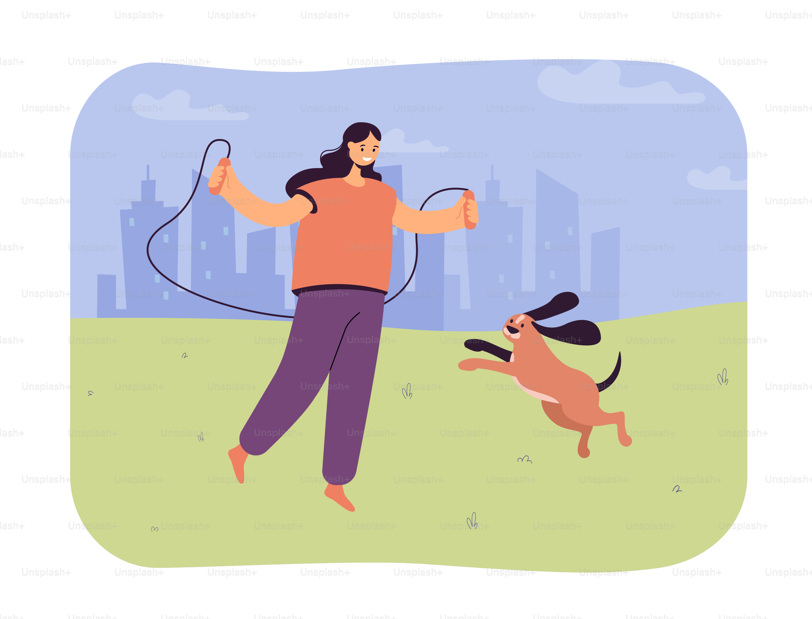 Girl jumping rope with dog in summer city park. Female pet owner and animal playing together flat vector illustration. Outdoor sport activity concept for banner, website design or landing web page