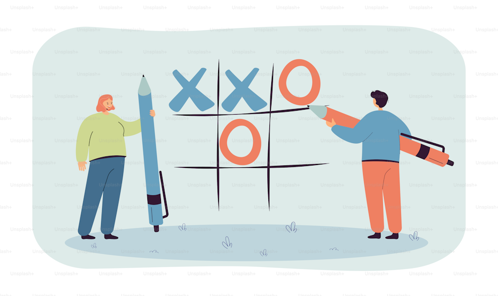 Tiny cartoon man and woman playing game of noughts and crosses. Couple playing tic tac toe flat vector illustration. Competition, strategy concept for banner, website design or landing web page