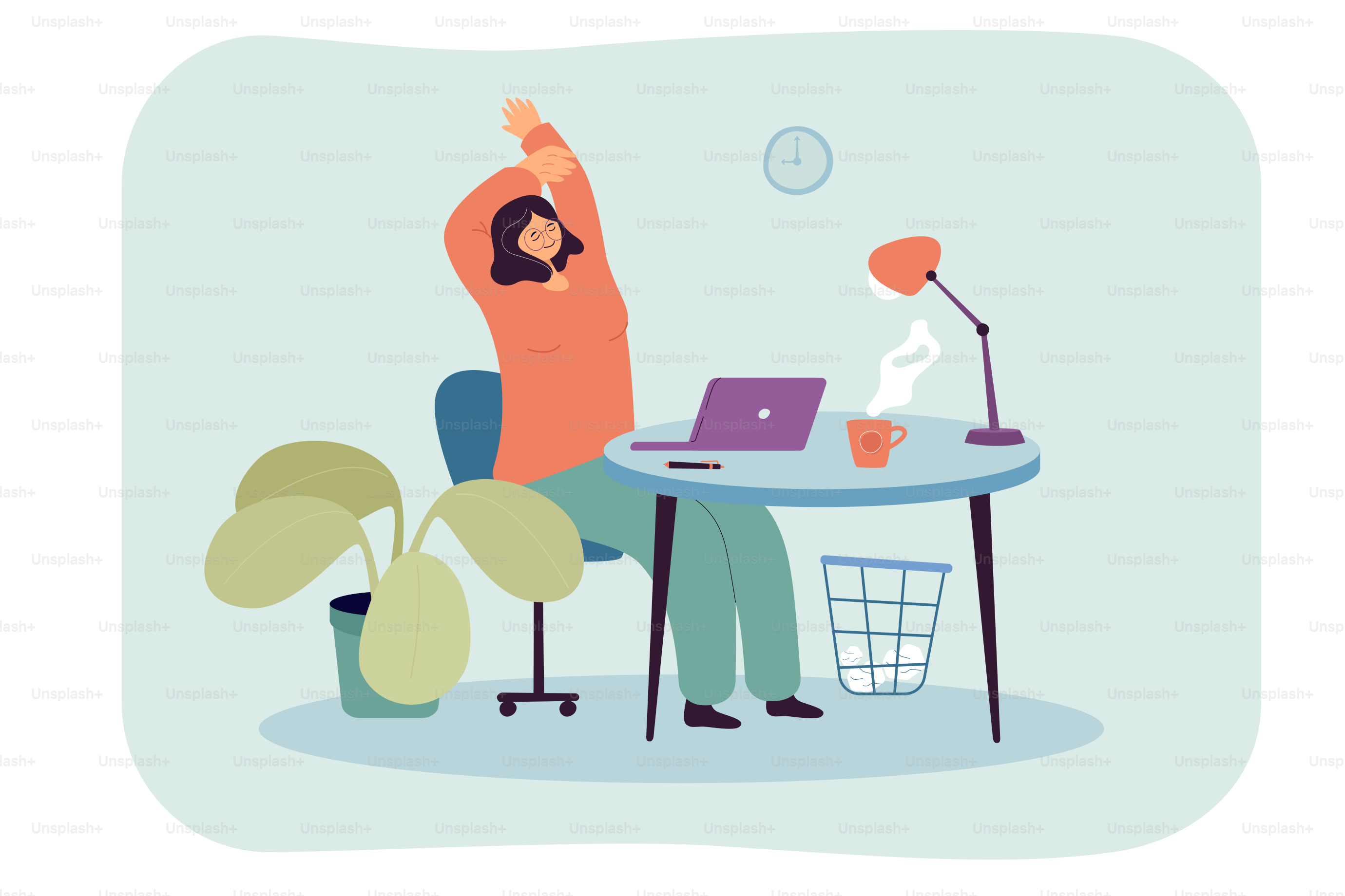 Employee cartoon character stretching after working on laptop. Office workplace, happy female person relaxing at desk flat vector illustration. Break concept for banner, website design or landing web