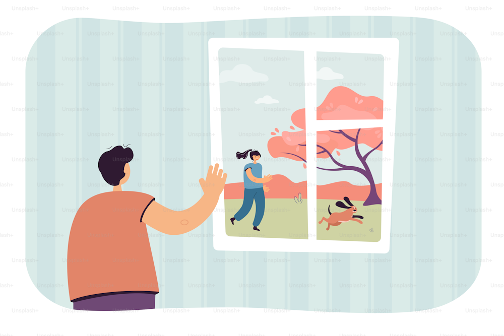 Cartoon boy in front of window waving to friend outside. Kid watching girl running with dog flat vector illustration. Quarantine, communication concept for banner, website design or landing web page