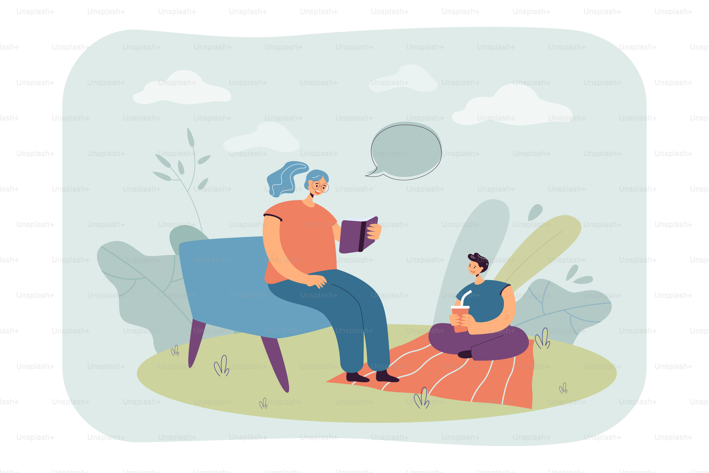 Cartoon-Mutter, die auf dem Sofa sitzt und seinem Sohn ein Buch vorliest. Ein Junge sitzt auf dem Boden und hört einer Vektor-Illustration einer Frau zu. Familie, Erziehungskonzept für Banner, Website-Design oder Landingpage