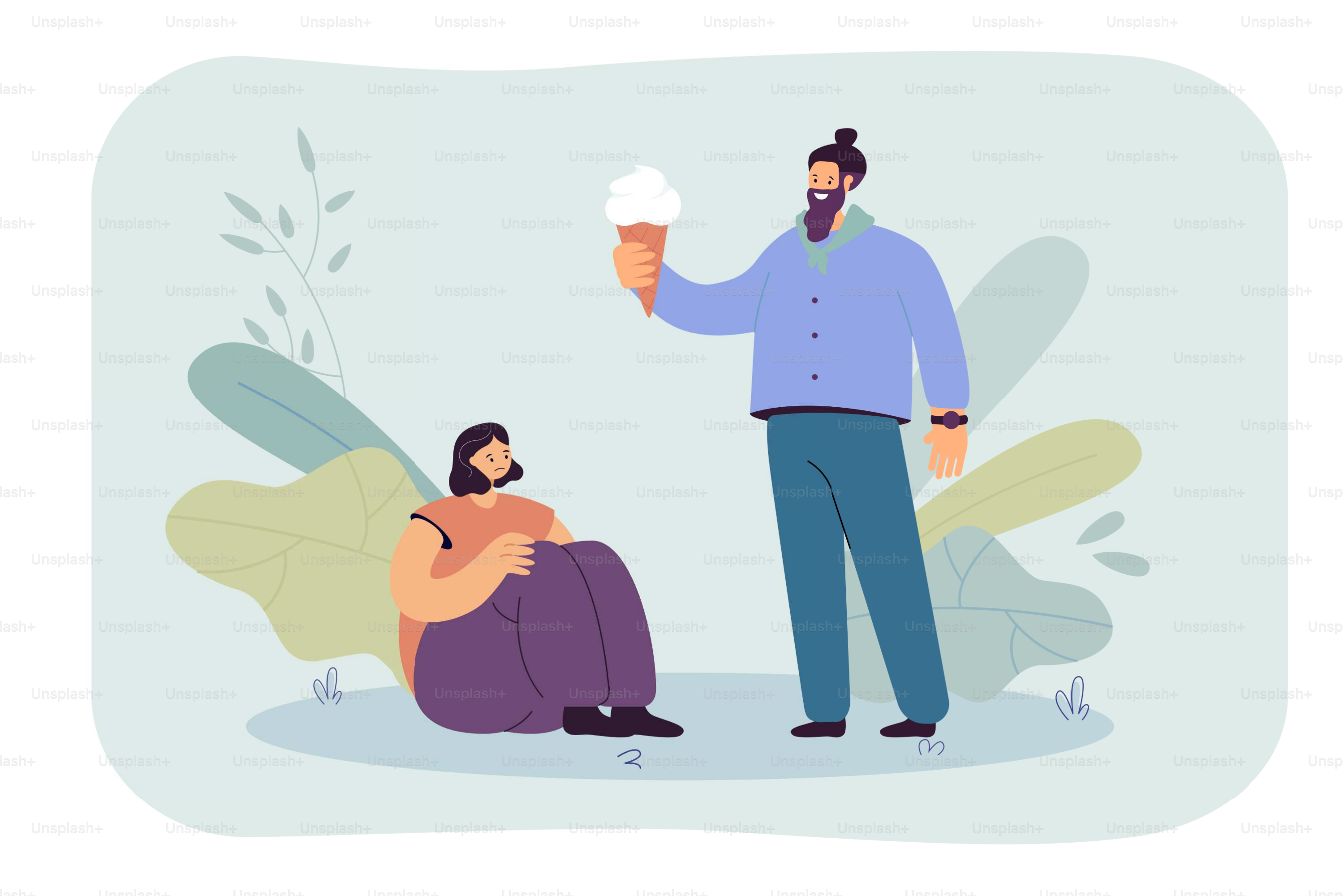 Cartoon-Mann hält eine Eistüte für eine traurige weibliche Freundin. Mann tröstet Frau mit süßem Dessert flacher Vektor-Illustration. Freundschaft, Unterstützungskonzept für Banner, Webdesign oder Landingpage