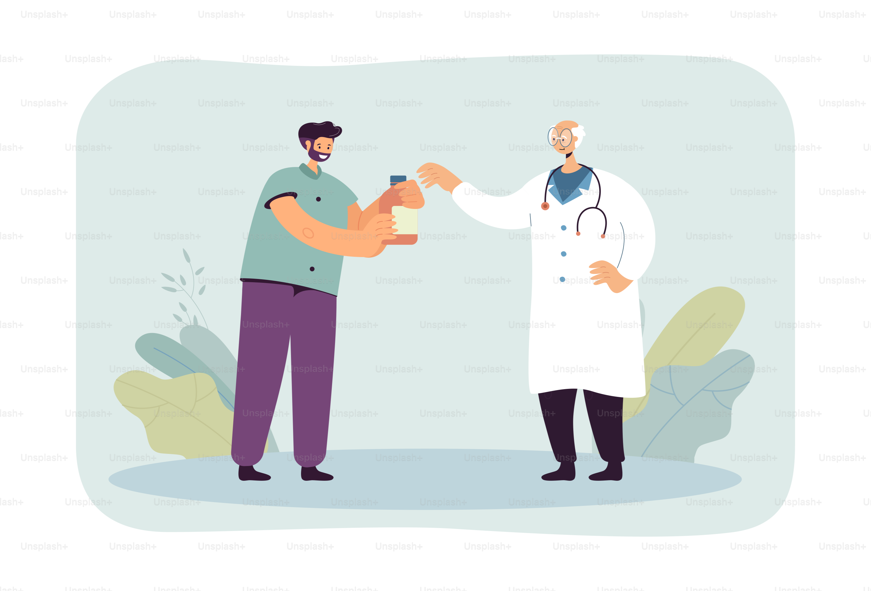 Male cartoon patient receiving medication from elderly doctor. Medical professional giving pills to man flat vector illustration. Medicine, health concept for banner, website design or landing page