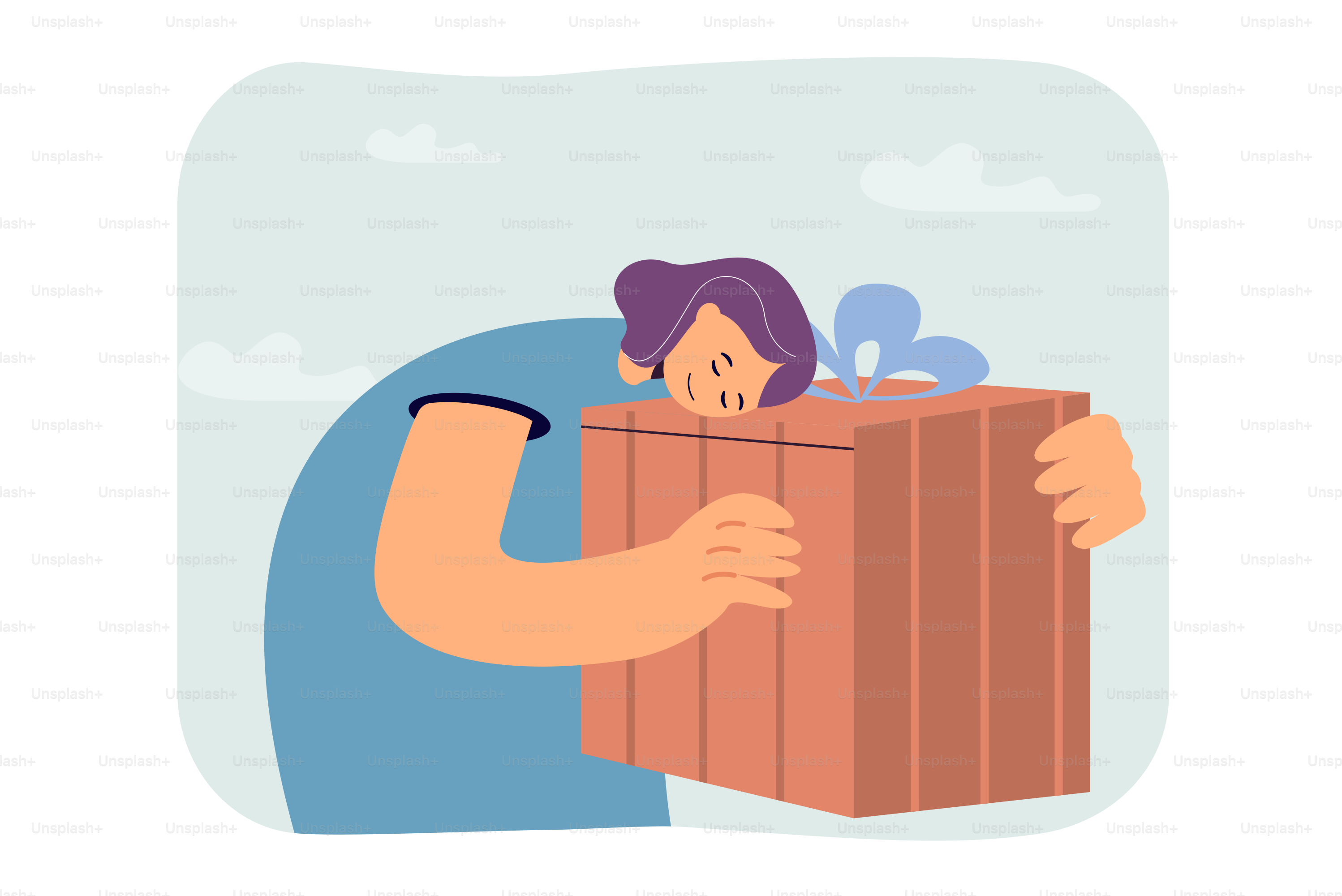 Happy cartoon woman holding big gift box. Female character receiving present for birthday, anniversary or holiday flat vector illustration. Birthday, celebration concept for banner or landing web page