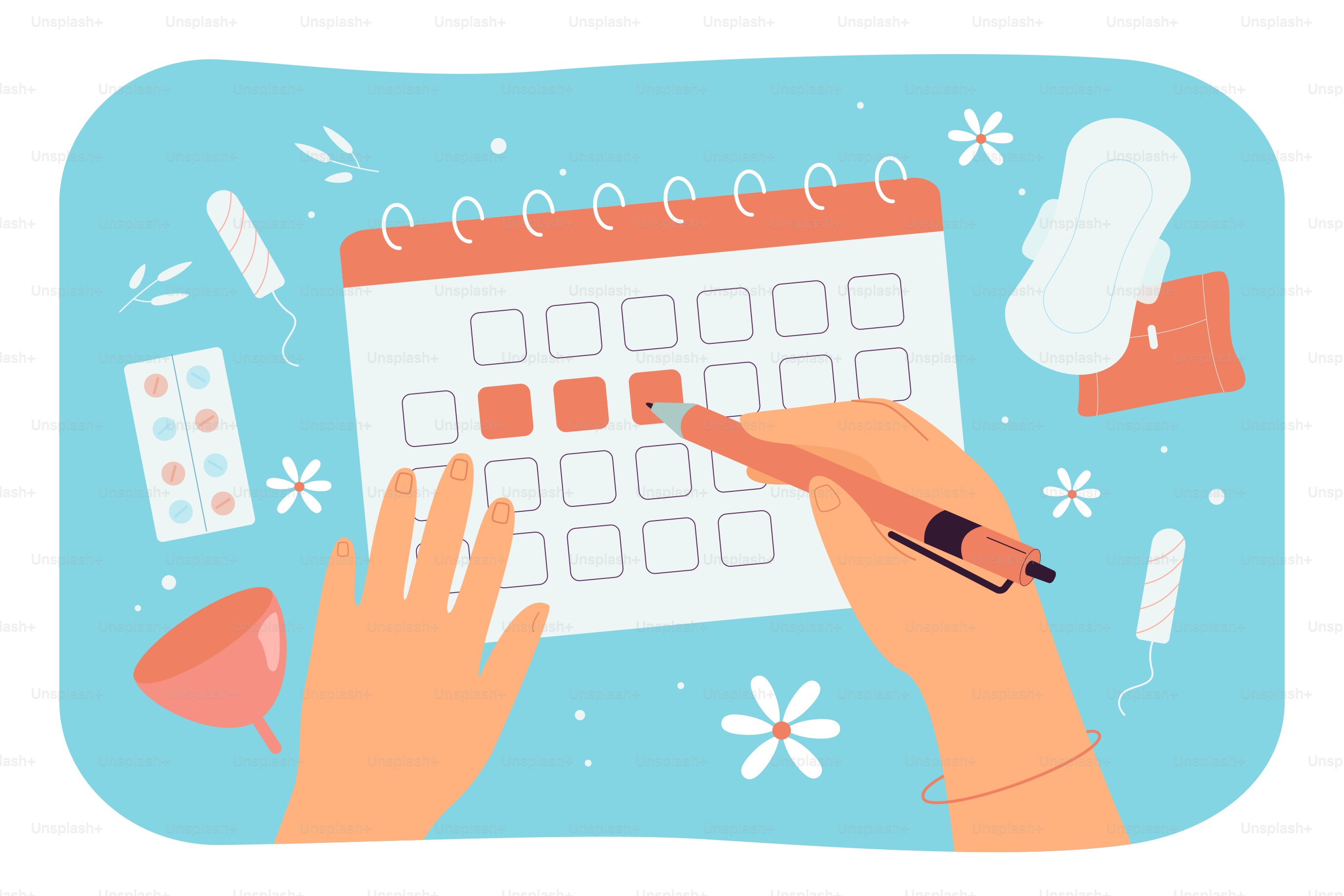 Manos de mujeres marcando días menstruales en el calendario. Ilustración vectorial plana. Protectores protectores, copa menstrual, analgésicos, tampones, vista superior. Período, ciclo, menstruación, cuidado de la salud, concepto de fondo hormonal