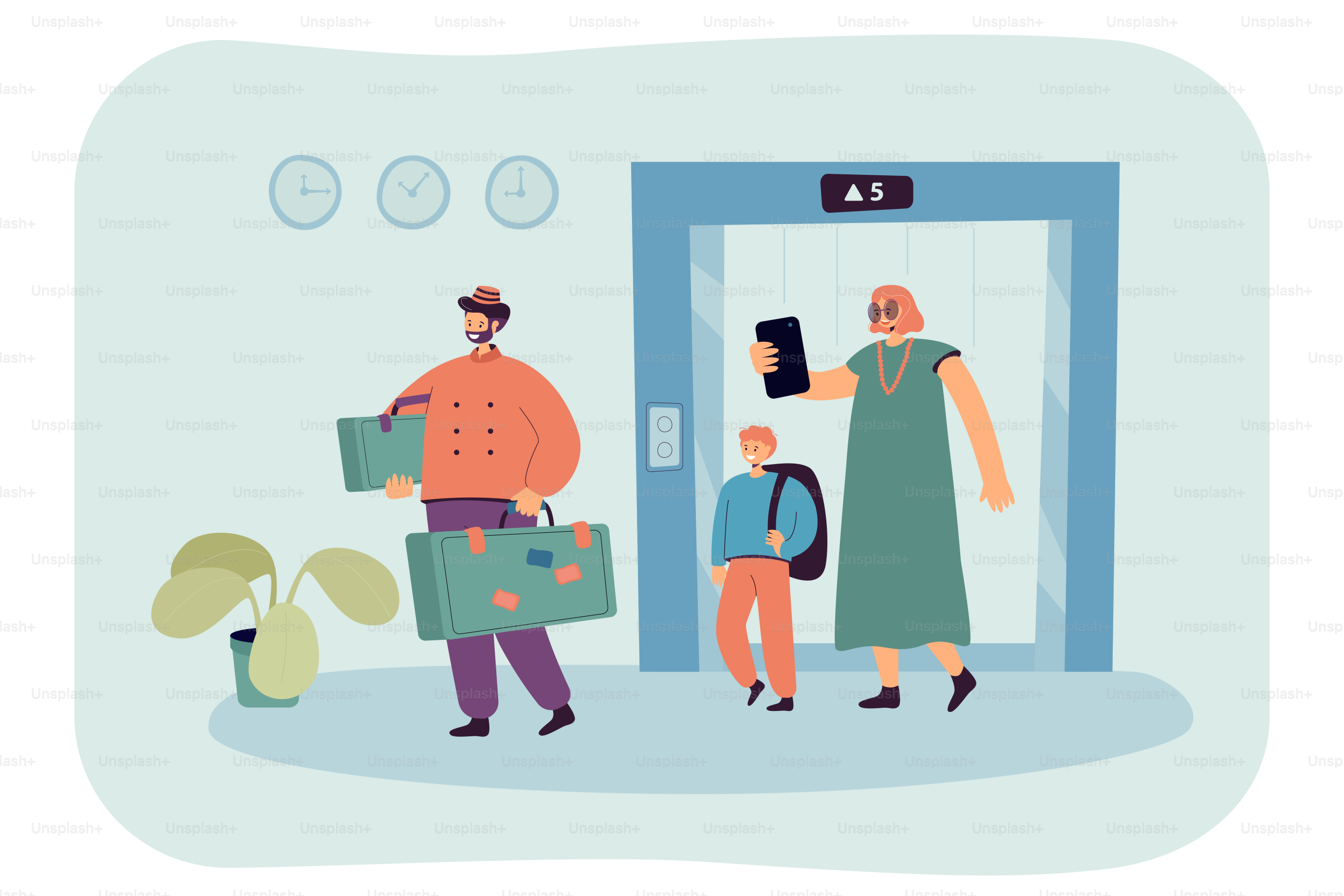 Cartoon family with suitcases exiting elevator. Flat vector illustration. Porter carrying suitcases, mom and son checking in or leaving hotel. Family, travel, hotel, service, hospitality concept