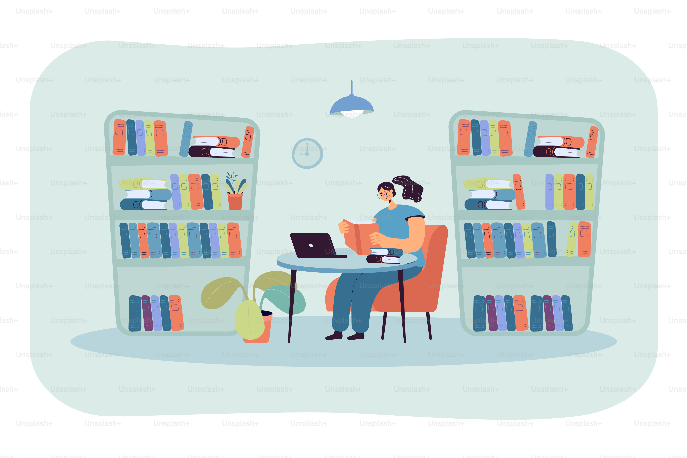 Young lady sitting at desk in library and reading book. Girl studying in room with bookcases flat vector illustration. Education, knowledge concept
