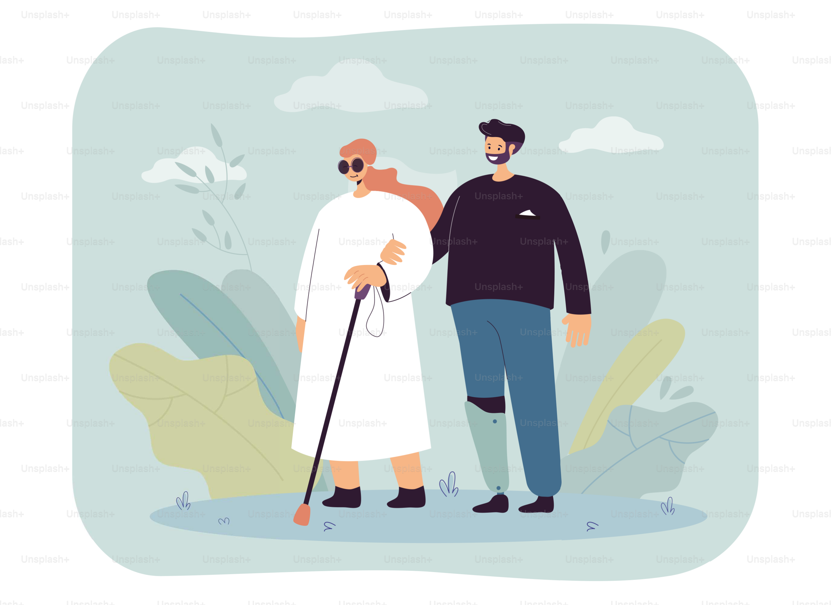 Hombre con pierna protésica caminando con mujer ciega. Ilustración vectorial plana. Chica con gafas oscuras y bastón caminando del brazo con una persona discapacitada. Discapacidad, salud, prótesis, concepto de ayuda