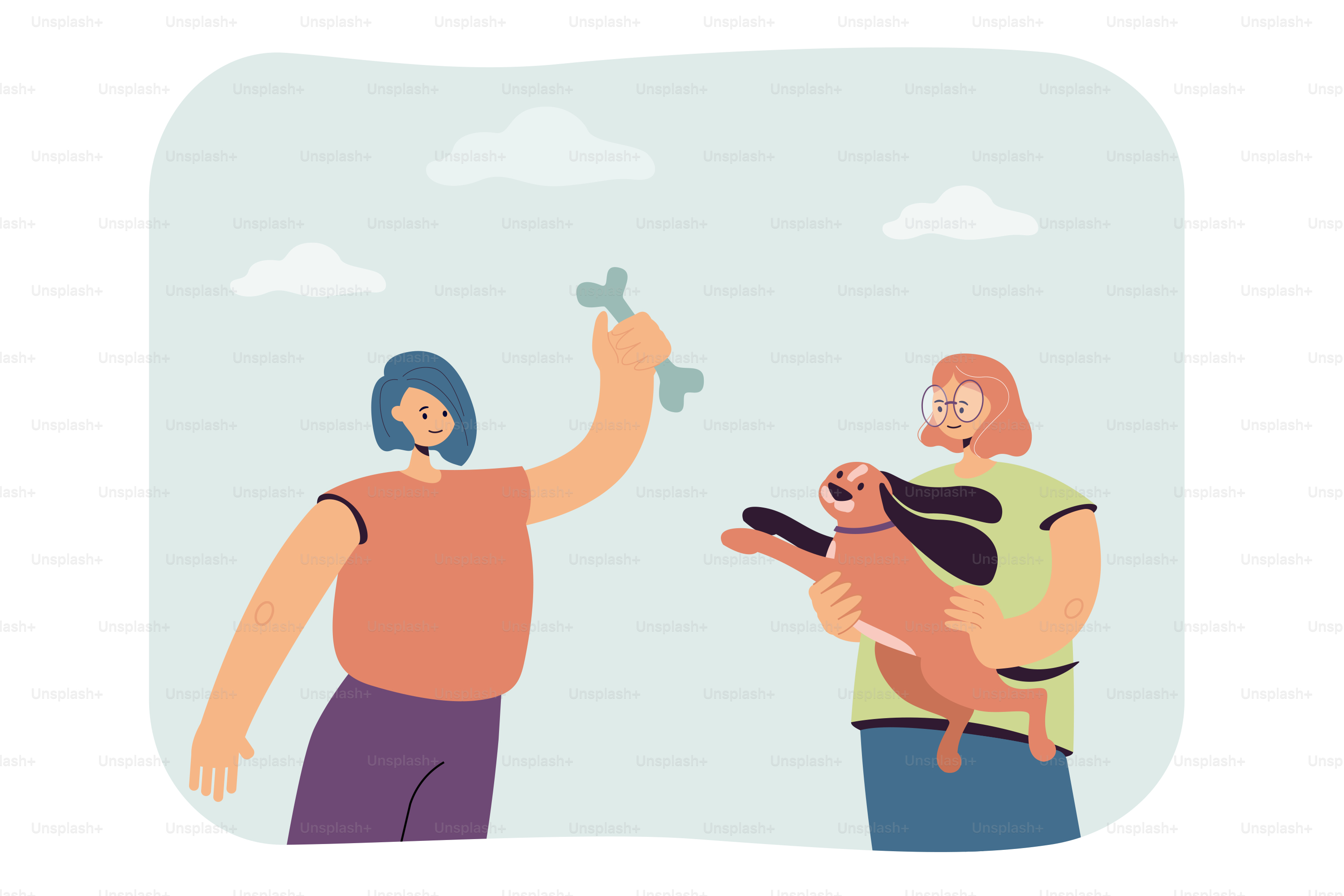 Girls playing with dog flat vector illustration. One woman holding pet in her arms, second holding treat, giving it bone. Animal, pet, friendship, communication, happiness concept for banner design