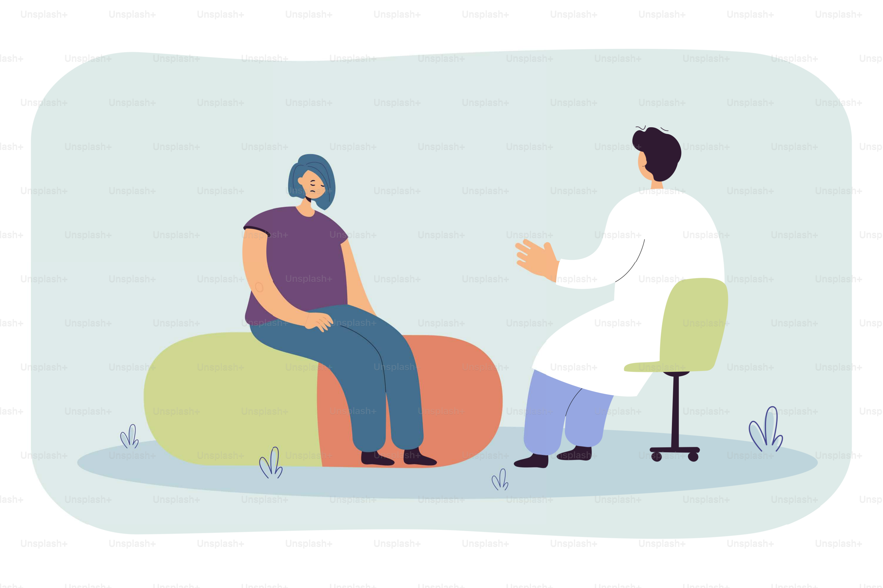 Sad woman at doctors appointment flat vector illustration. Girl sitting in front of man in white coat, consulting with professional. Psychotherapy, medical consultation, help, psychology concept