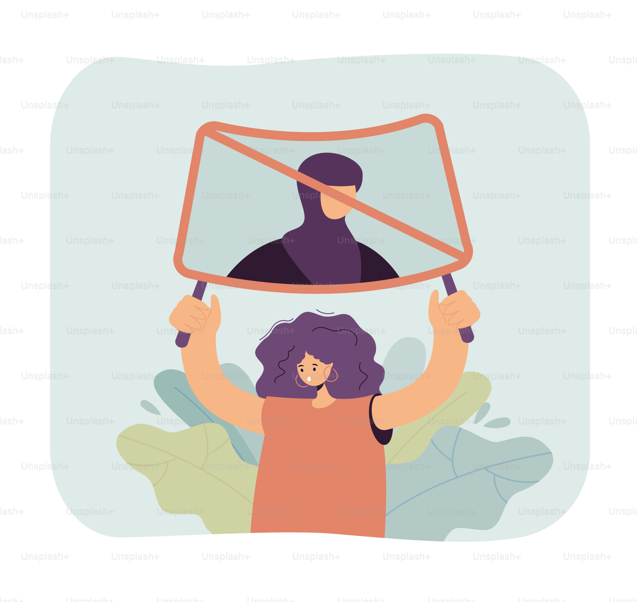 Woman protesting against wearing hijab. Flat vector illustration. Girl holding poster, defending rights of Muslim women, participating in rally, calling for freedom. Islam, feminism, rights concept