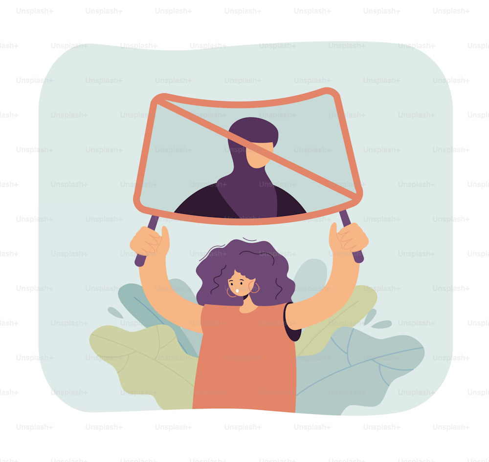 Woman protesting against wearing hijab. Flat vector illustration. Girl holding poster, defending rights of Muslim women, participating in rally, calling for freedom. Islam, feminism, rights concept