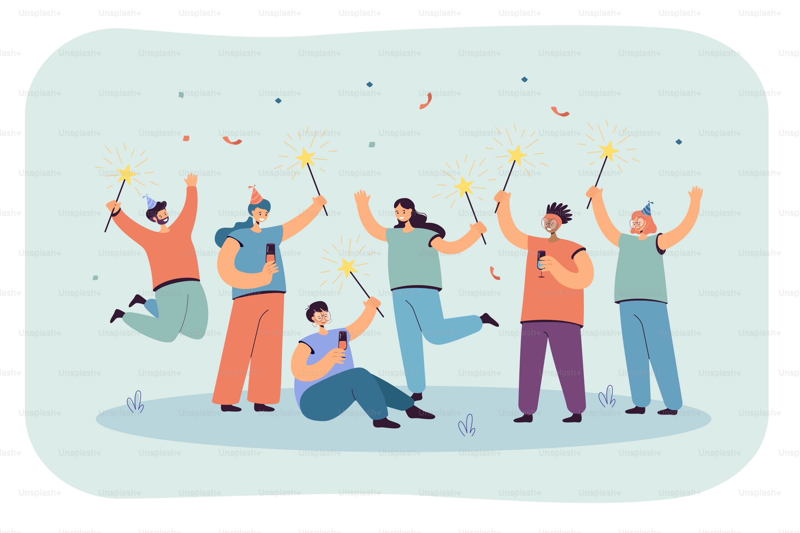 Joyful celebration of men and women in caps. Flat vector illustration. Team of happy office people celebrating event by holding glasses of champagne and sparklers. Corporate, friendship, party concept