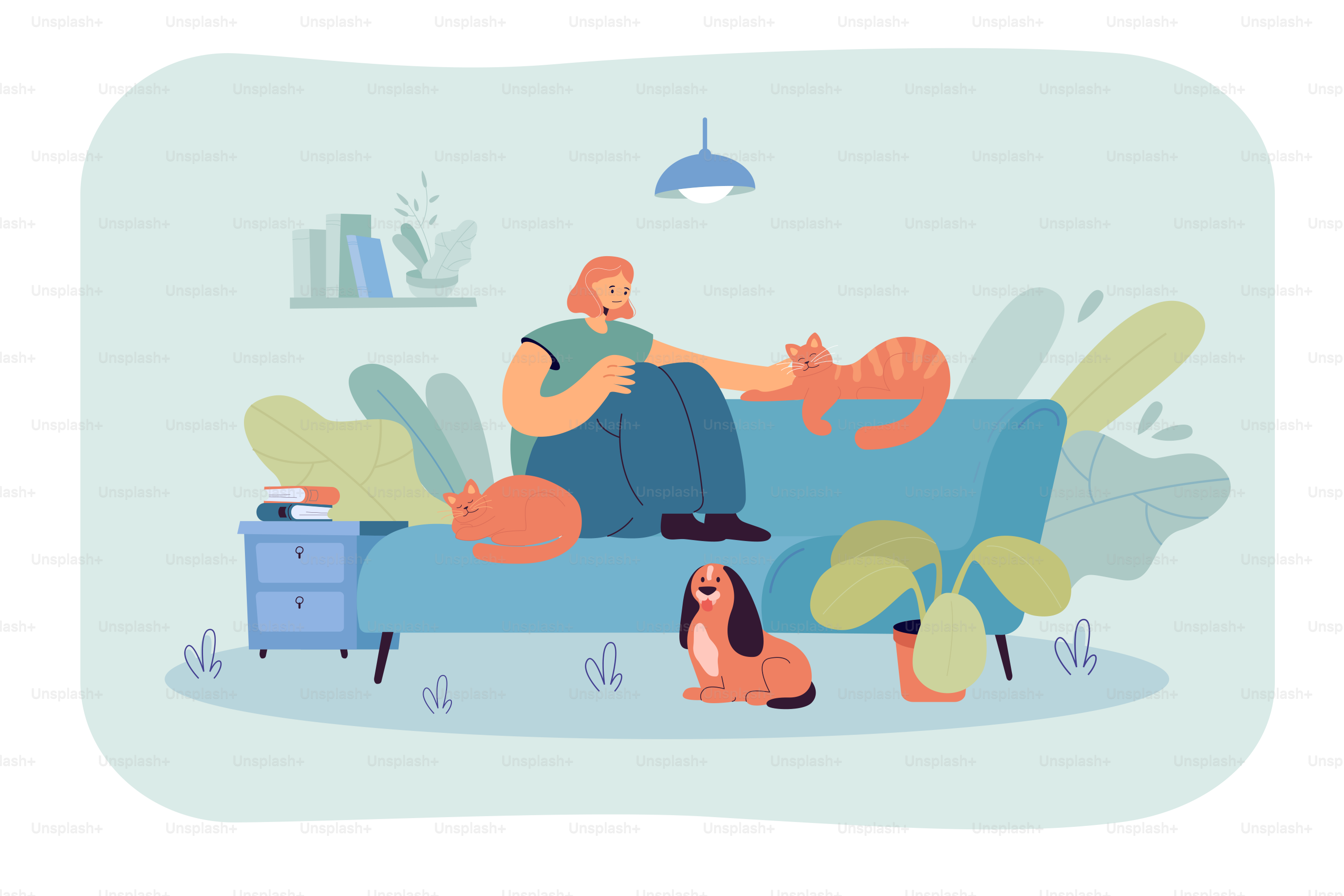 Smiling woman sitting on sofa and petting cat. Happy cartoon character on couch with cats and dog at home, cozy room flat vector illustration. Animals, pets, love concept for banner, website design
