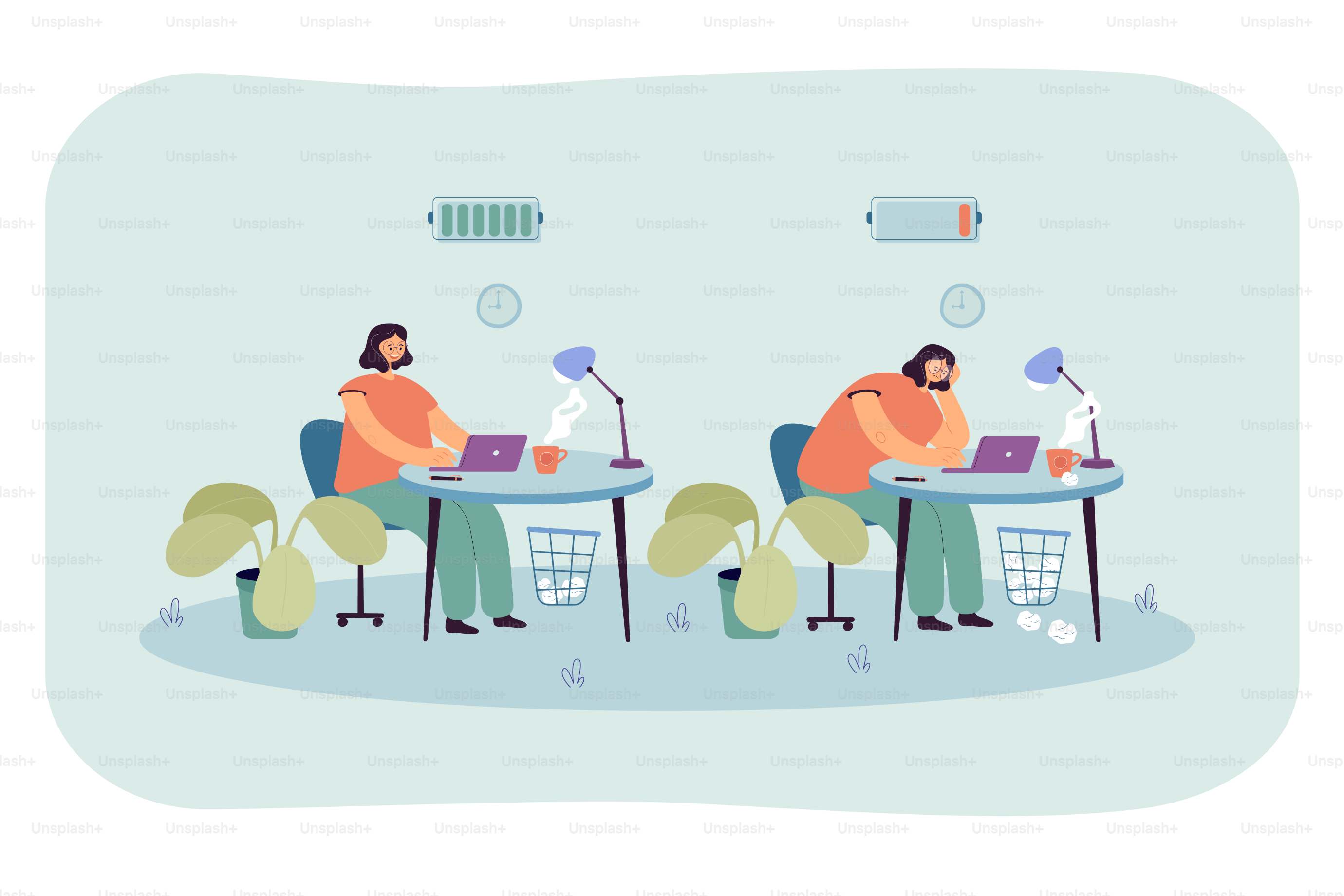 Active or exhausted woman working in office. Flat vector illustration. Set of office girl full of energy and tired, frustrated, bored employee sitting at desk. Burnout syndrome, mental health concept