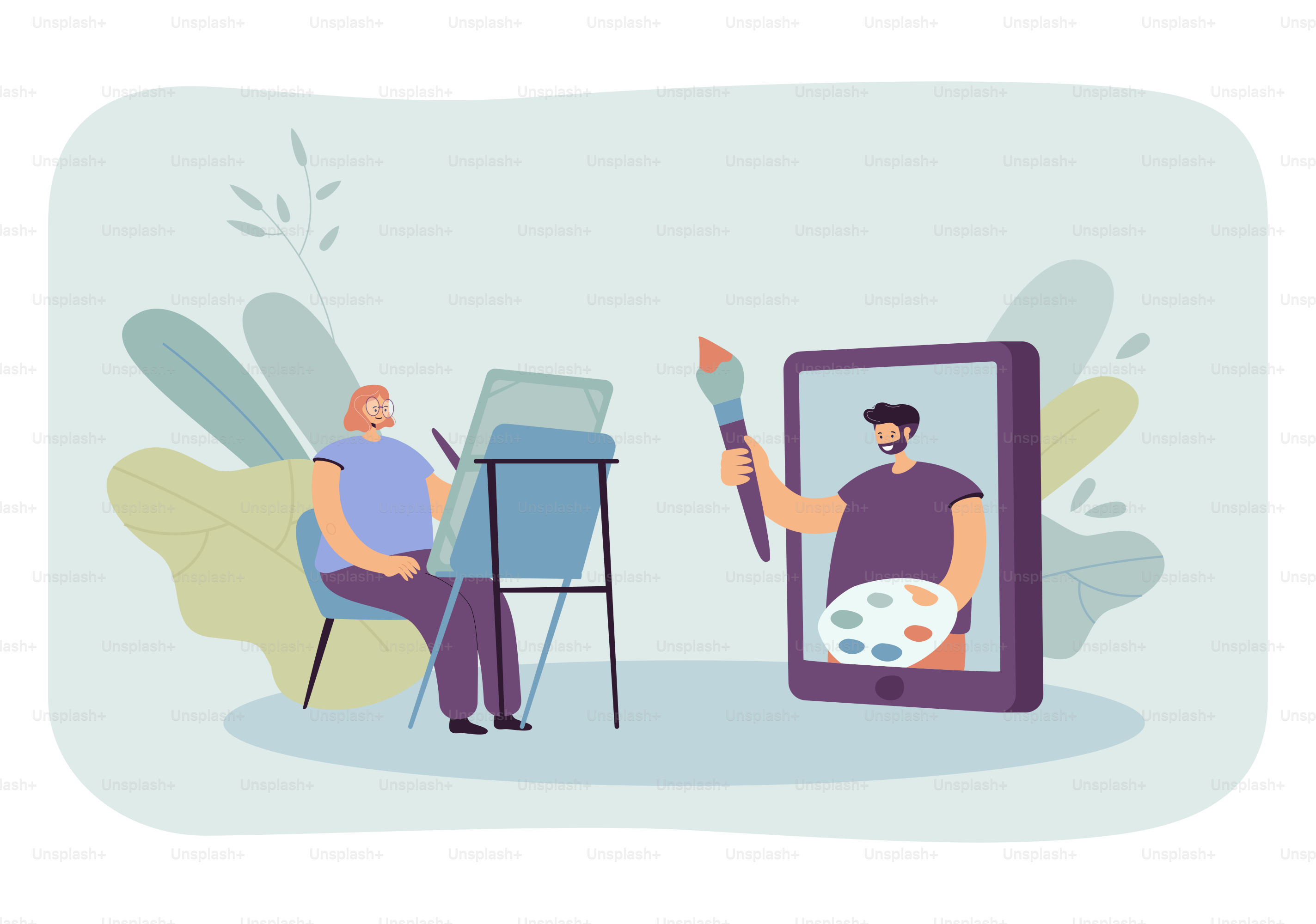 Woman watching drawing workshop online. Flat vector illustration. Girl with of easel, giant tablet, teacher leading painting master class. Online education, distance learning, drawing concept