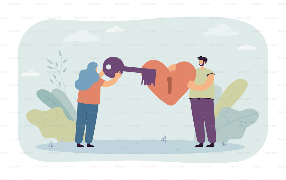 Man and woman holding giant heart and key together. Flat vector illustration. Woman opening heart with keyhole, which man holding in hands. Love, romance, relationship, family concept for design