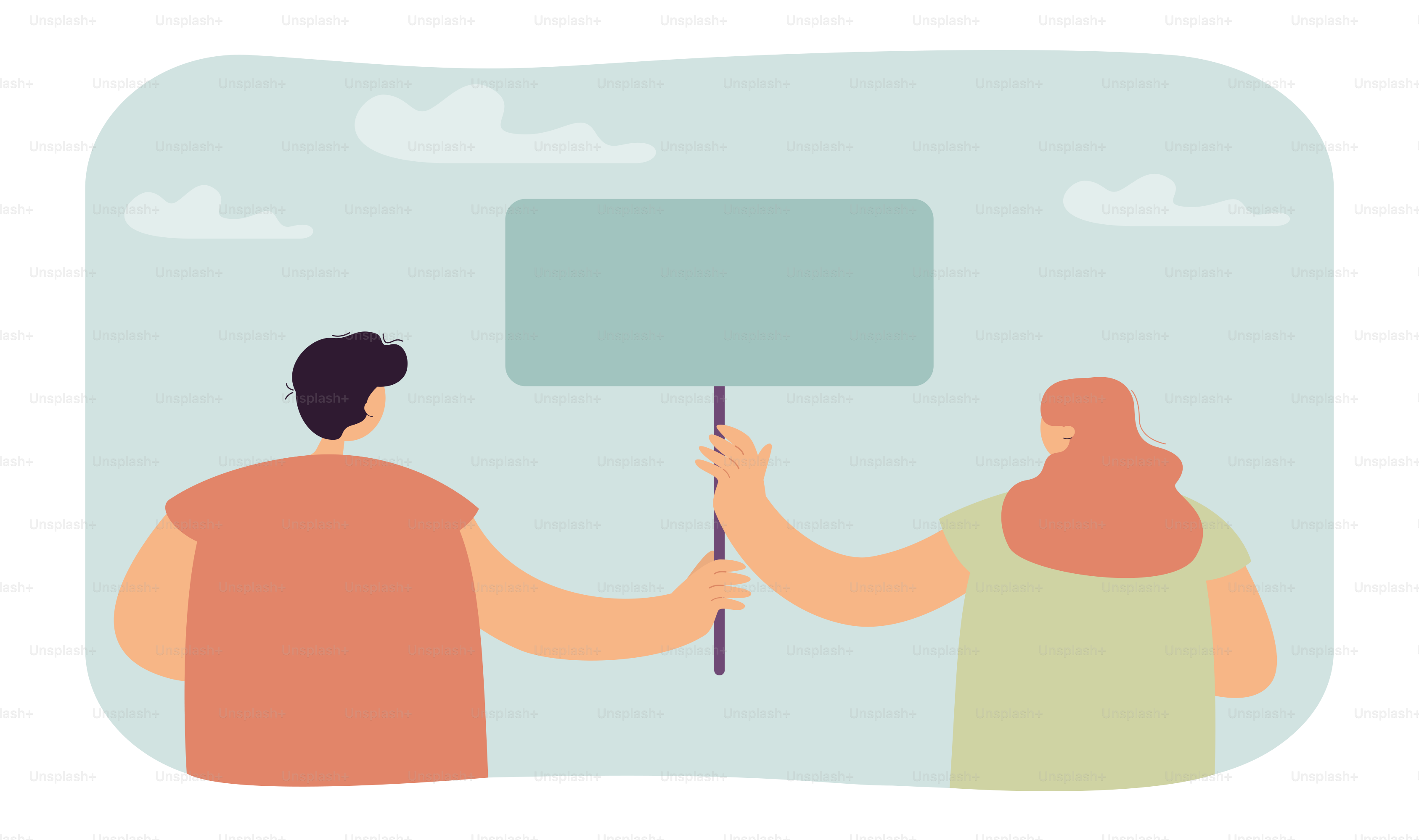 Couple holding banner back view. Flat vector illustration. Man and woman participating in action or public event, holding poster. Rally, politics, society, demonstration concept for banner design