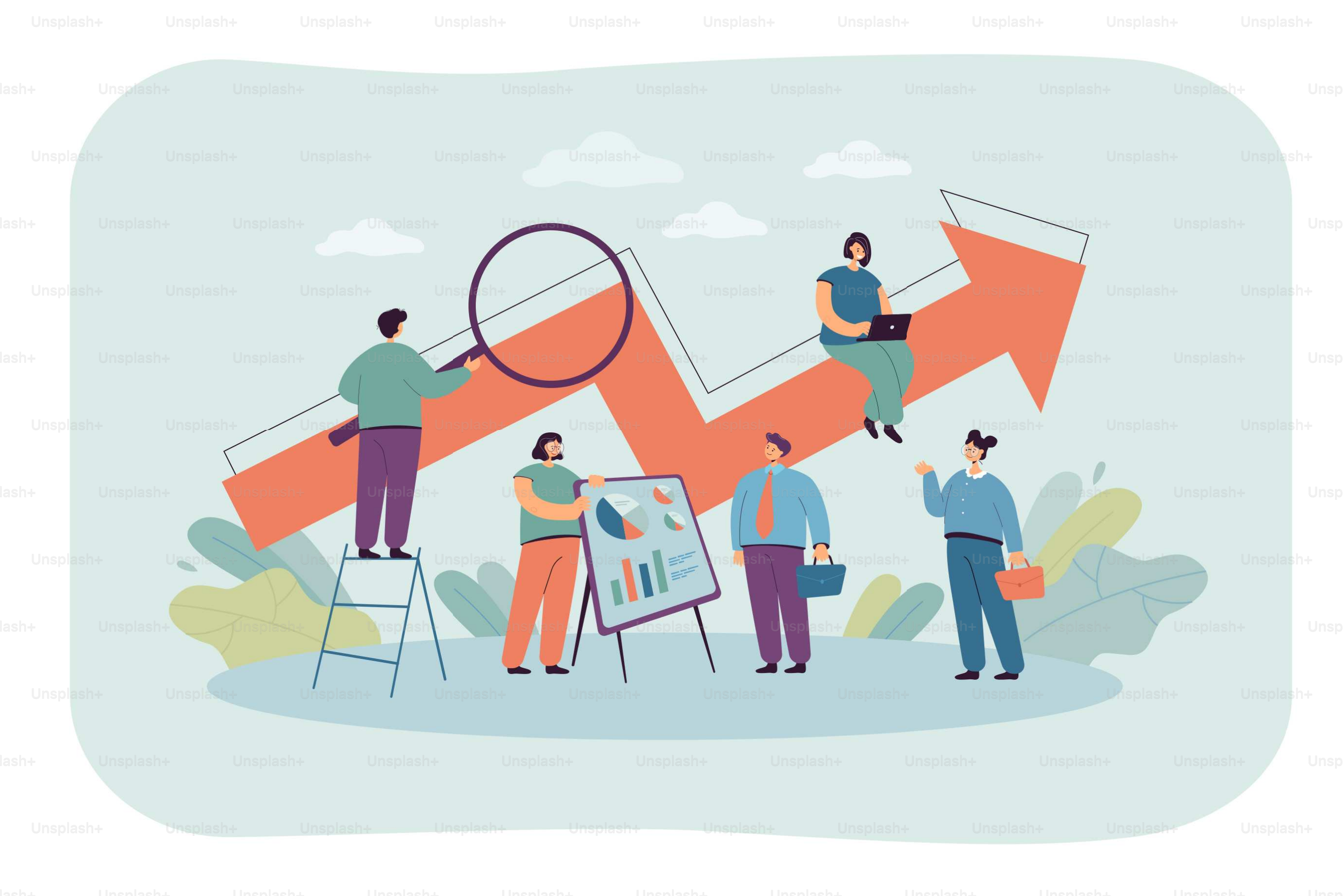 Persone da ufficio con freccia verso l'alto. Pubblicità di team, tecnologia aziendale, aumento delle prestazioni, illustrazione vettoriale piatta. Lavoro di squadra, concept di startup per banner, design web o landing page web