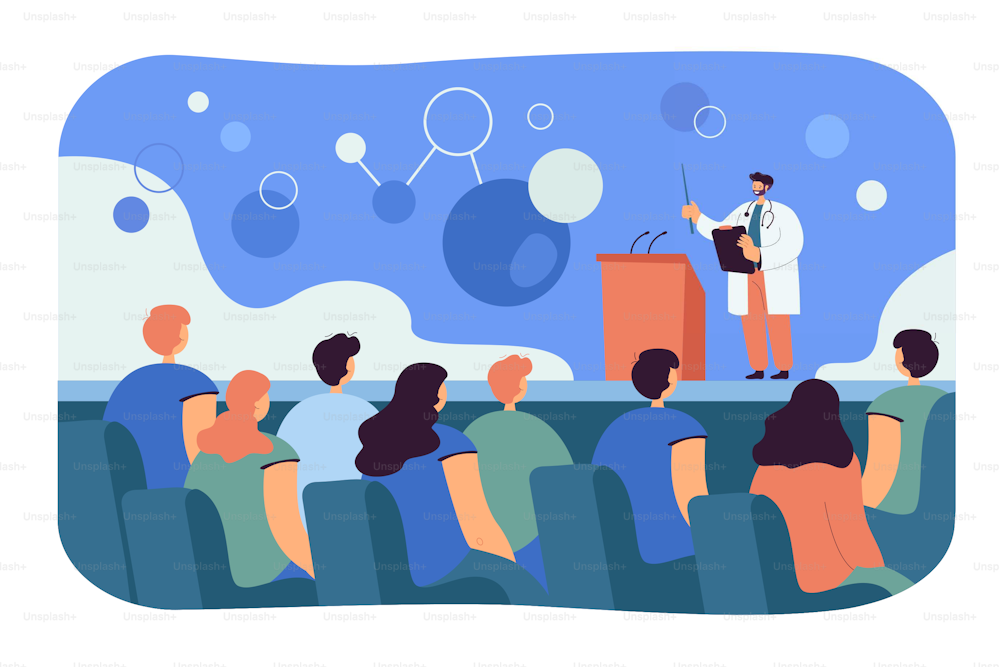 Cartoon doctor talking to audience at medical seminar. Scientist or pharmacist at conference flat vector illustration. Healthcare, medicine, communication concept for banner, website design