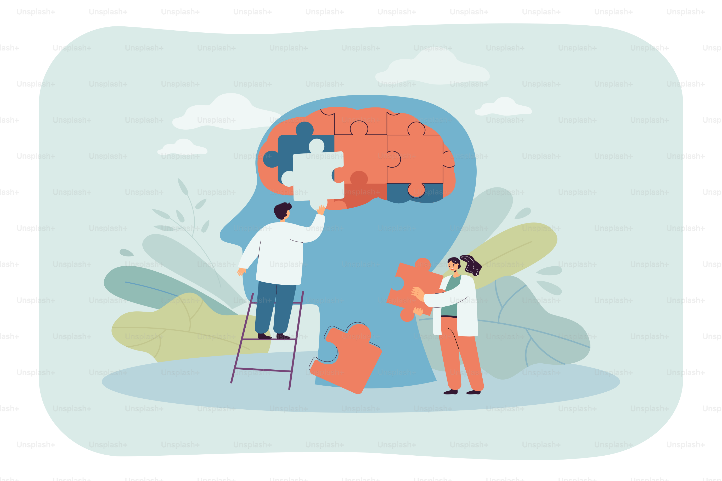 Team of doctors putting puzzle pieces of person head together. Medical people treating personality disorder flat vector illustration. Mental health concept for banner, website design or landing page