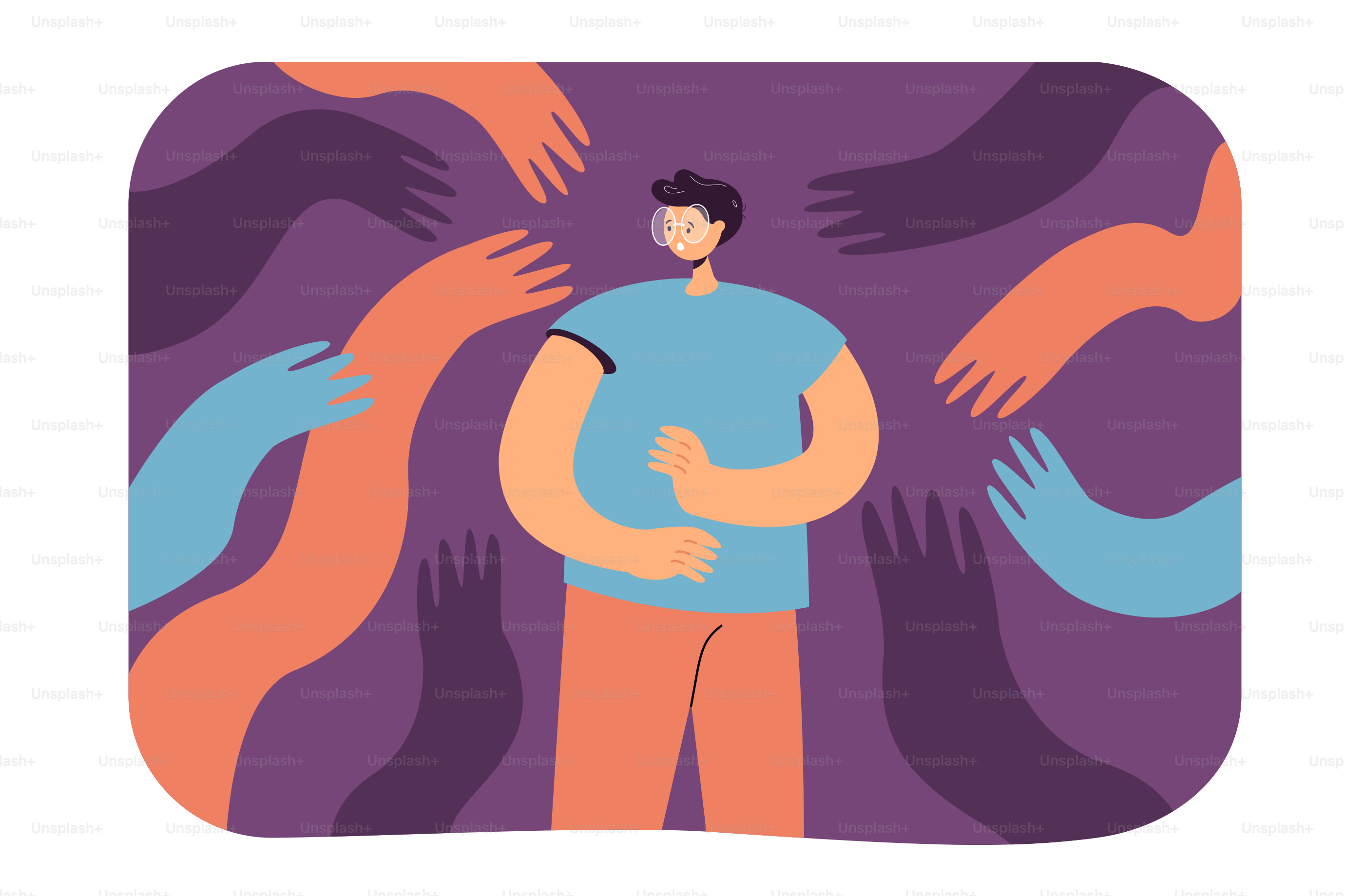 Hands reaching for scared man in glasses. Male character with no power feeling fear or pressure flat vector illustration. Influence, manipulation concept for banner, website design or landing web page