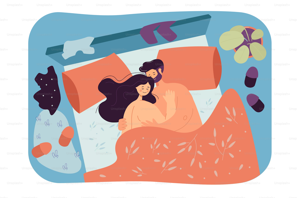 Loving couple lying in bed together. Flat vector illustration. Man and woman cuddling after sex with clothes scattered on floor. Intimacy, sex, love, relationship, romance concept for banner design